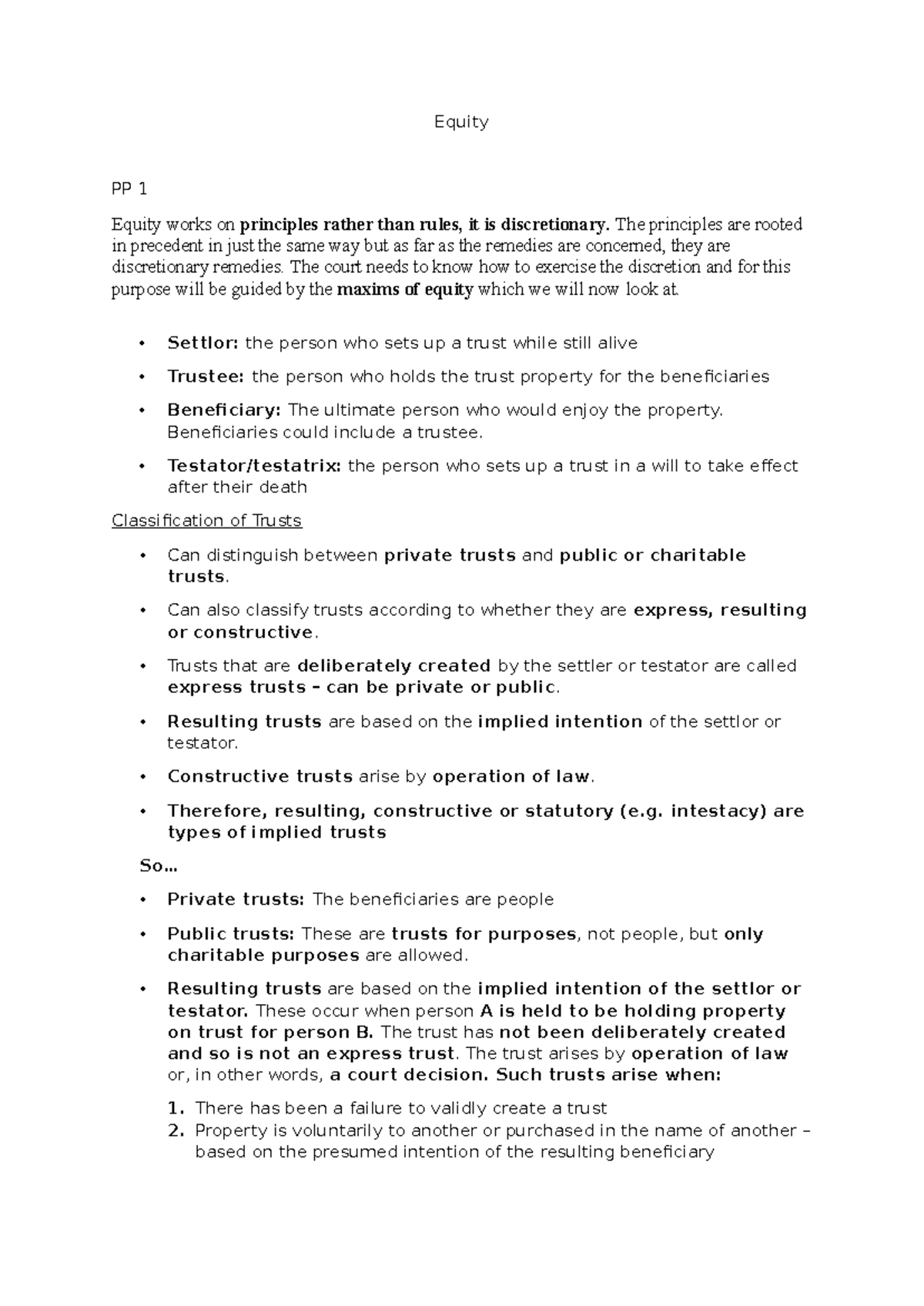 Equity Revision Notes PP 1-5: Key Concepts and Trusts Explained - Studocu