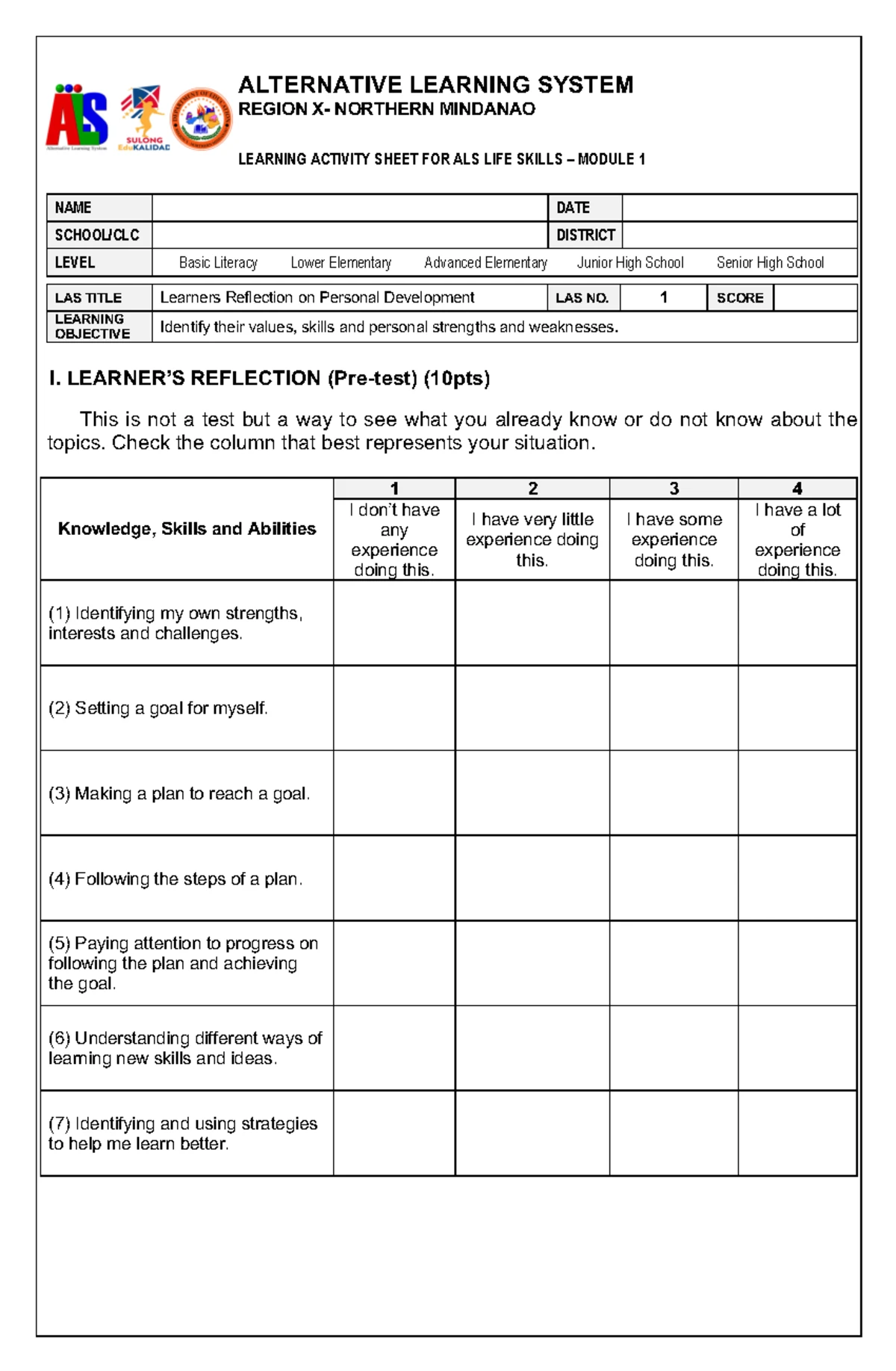 DLP ALS Life Skills Mod1 LAS9 - Learning New Skills Activity - Studocu