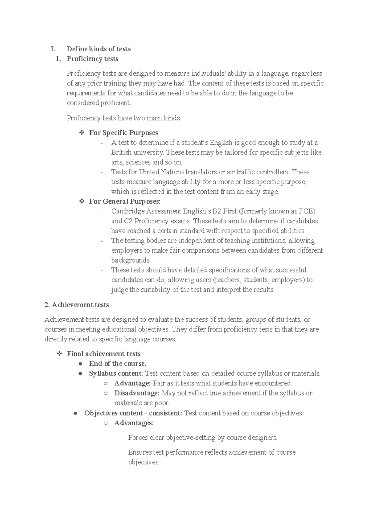 Testing Types and Features: Proficiency, Achievement, Diagnostic, and ...