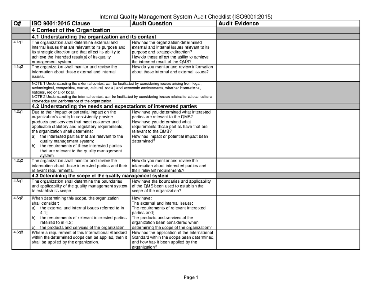 ISO 9001:2015 Internal Quality Management System Audit Checklist - Studocu