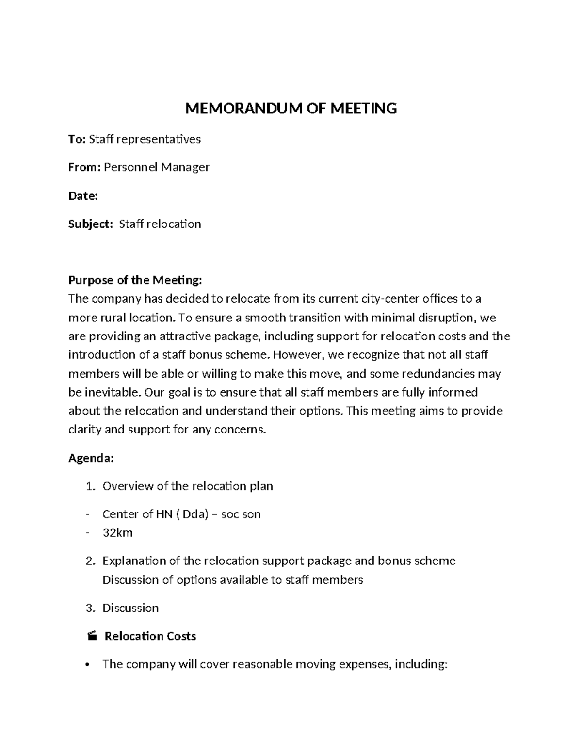 Memo: Staff Relocation Meeting Overview and Support Details - Studocu