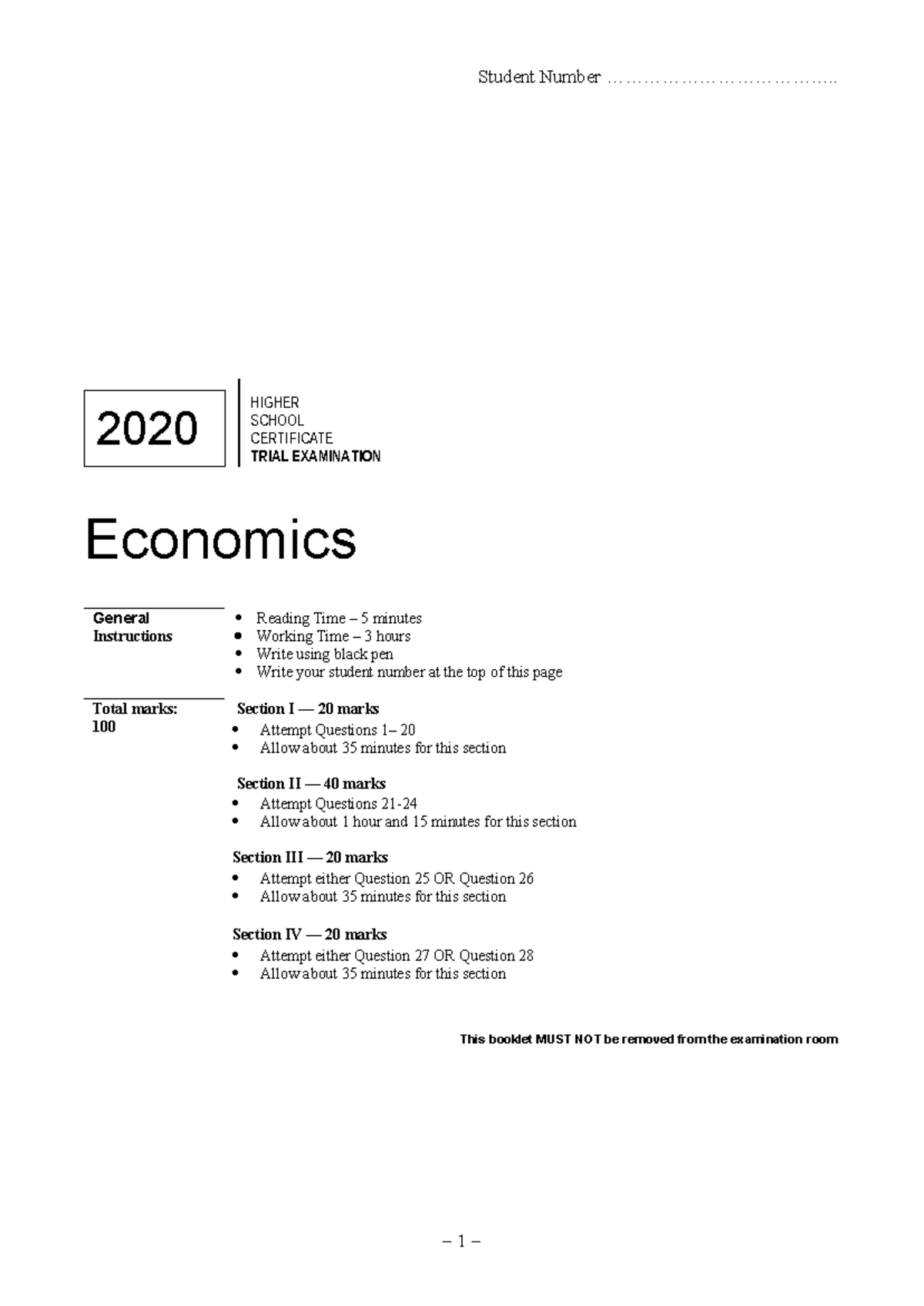 HSC Economics Trial Exam 2020 - Student Number 2020 - Studocu