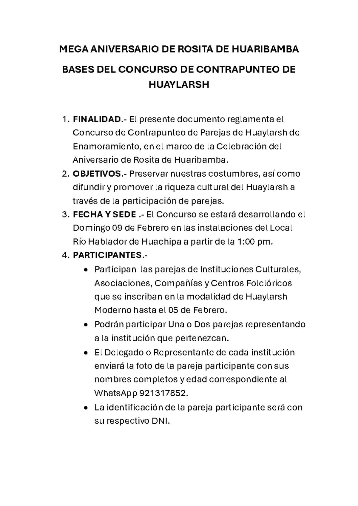 Bases del Concurso de Contrapunteo de Parejas en Huaylarsh - Studocu