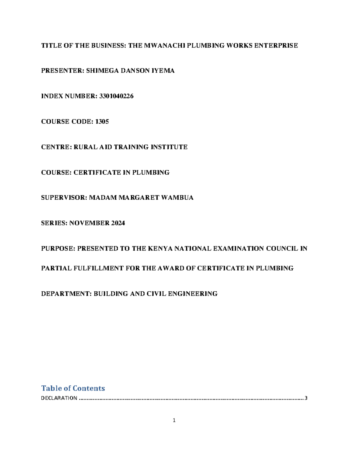 Mwananchi Plumbing Works Enterprise Business Plan - Course 1305 - Studocu