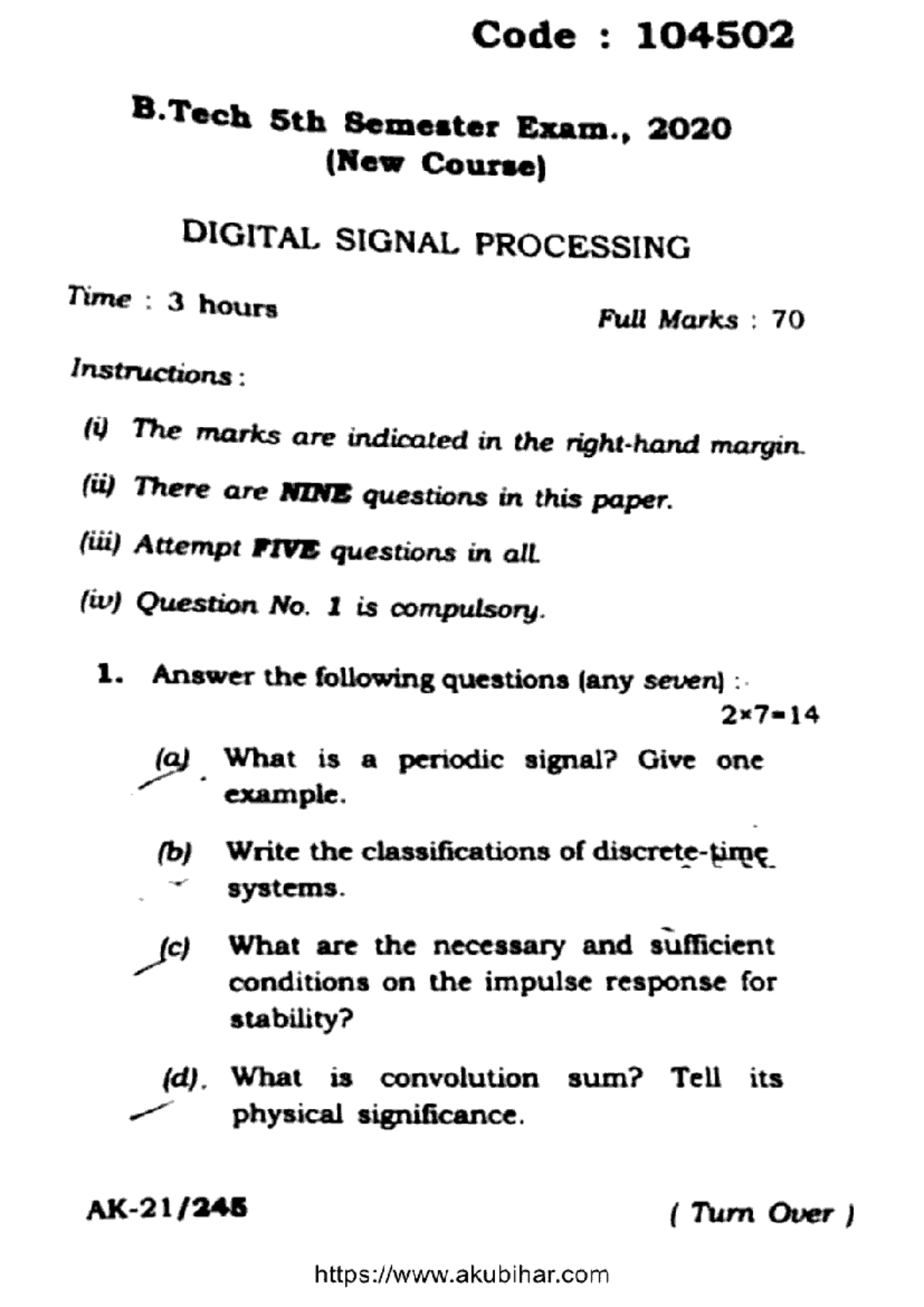 B.Tech ECE 5th Sem Digital Signal Processing Exam 104502, 2020 - Studocu