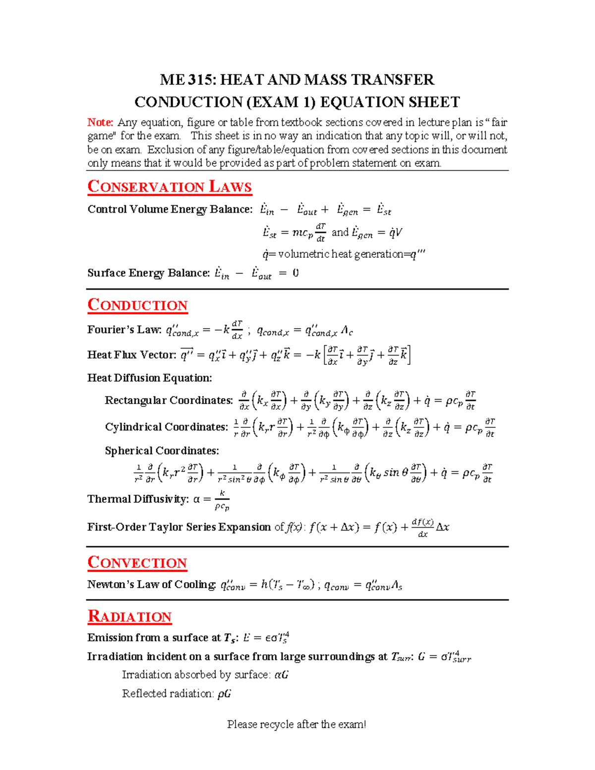 ME 315: Heat and Mass Transfer Conduction (Exam 1) Equation Sheet - Studocu
