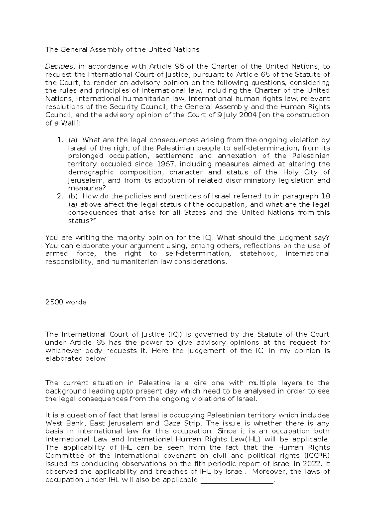 Public International Law: ICJ Advisory Opinion on Israel-Palestine ...