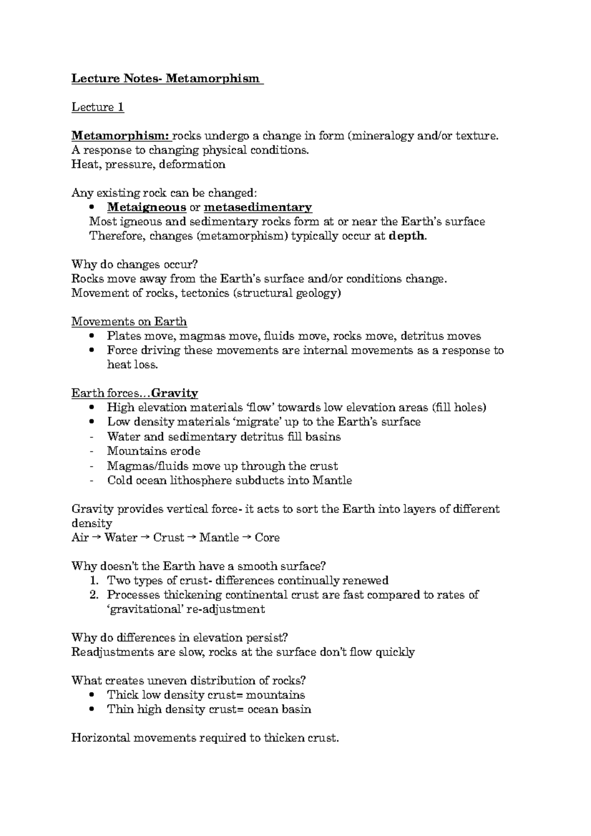 Metamorphism Notes - Lecture Notes- Metamorphism Lecture 1 Metamorphism ...