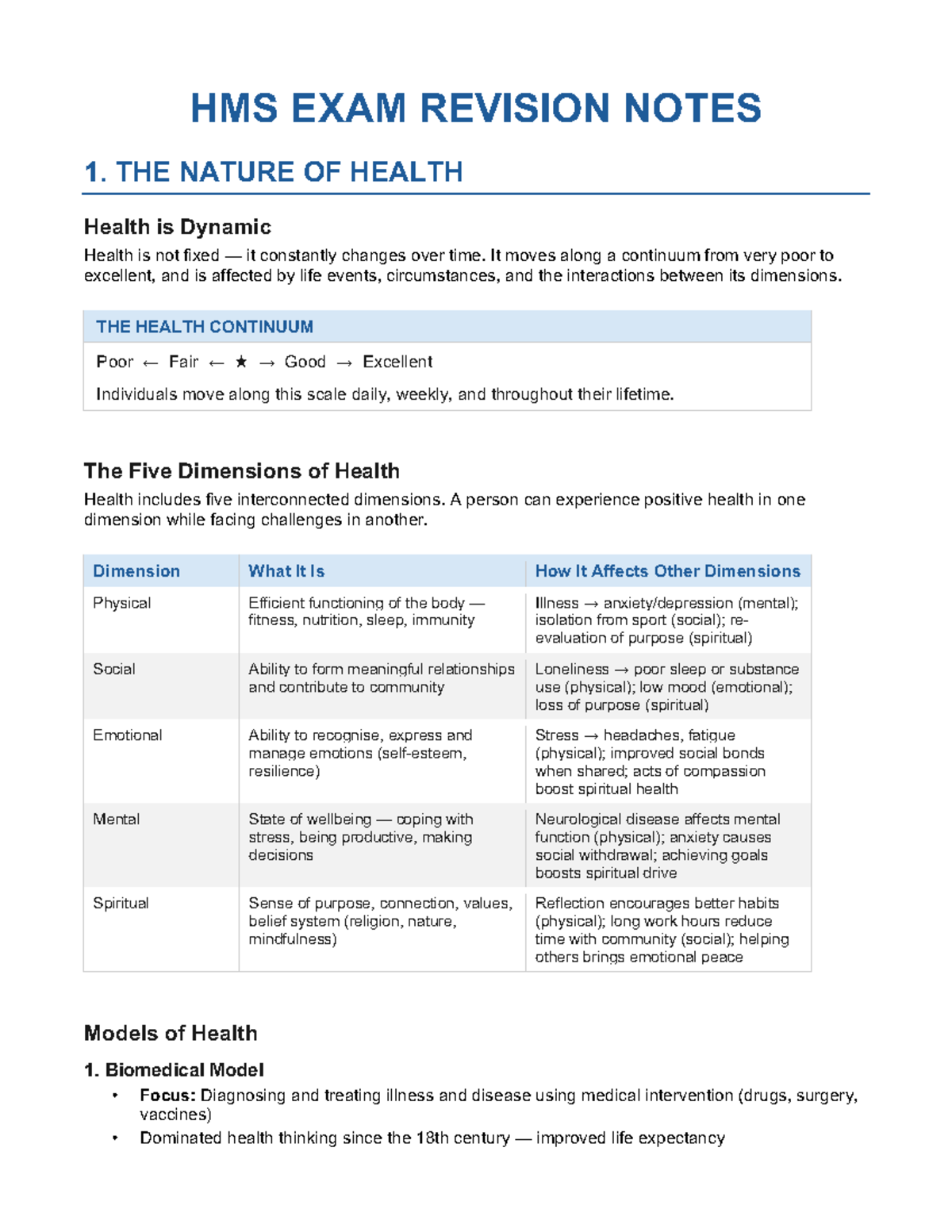 HMS 2023 Final Exam Revision Notes: Health Dynamics & Models - Studocu