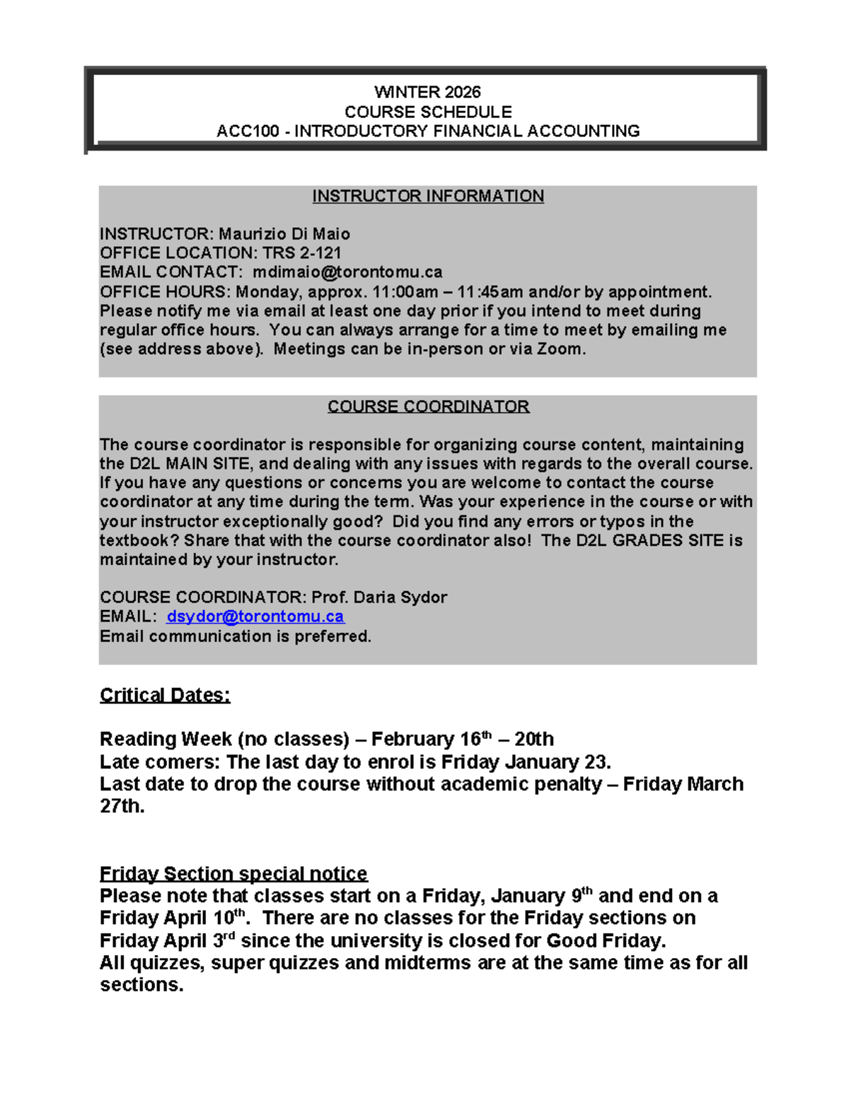 ACC100 - Winter 2026 Course Schedule & Instructor Info - Studocu
