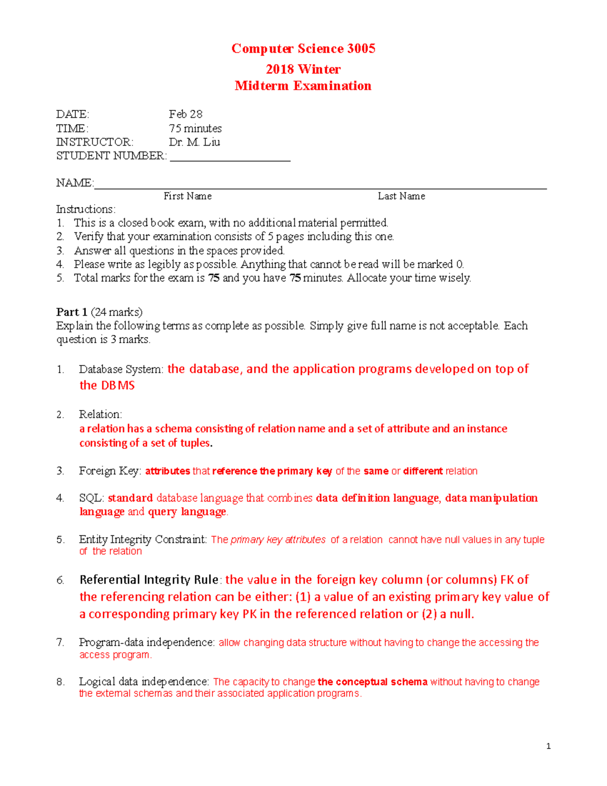 CS 3005 Midterm Exam February 2018: Questions & Answers - Studocu