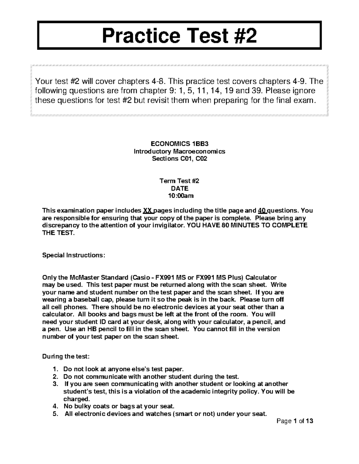 Practice Test 2: ECONOMICS 1BB3 Macroeconomics Term Test Review - Studocu
