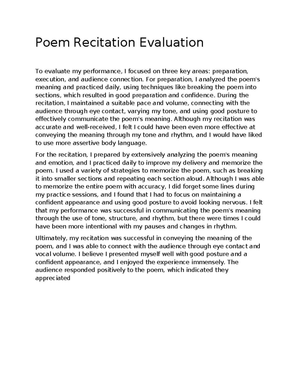 Poem Recitation Evaluation: Performance Analysis and Insights - Studocu