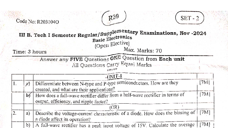 R20 SET 2: B. Tech I Sem Exam Q&A on Basic Electronics - Studocu