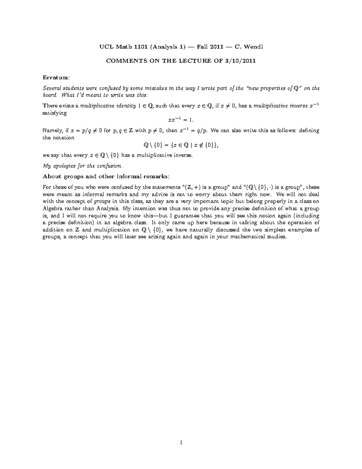 UCL Math 1101 (Analysis 1) Fall 2011 Lecture Comments and Errata - Studocu