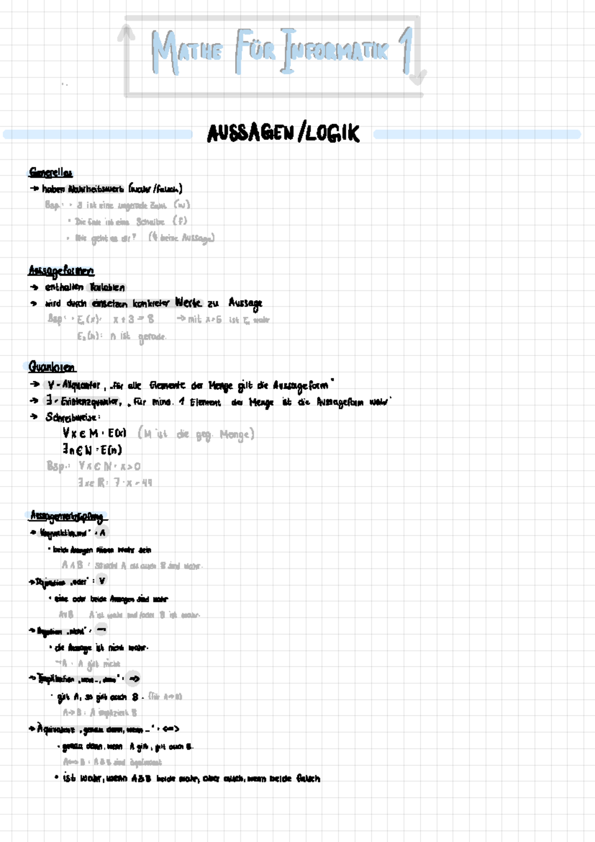 Lernzettel Mathe 1 (Informatik): Grundlagen der Aussagenlogik und Mengen - Document Preview