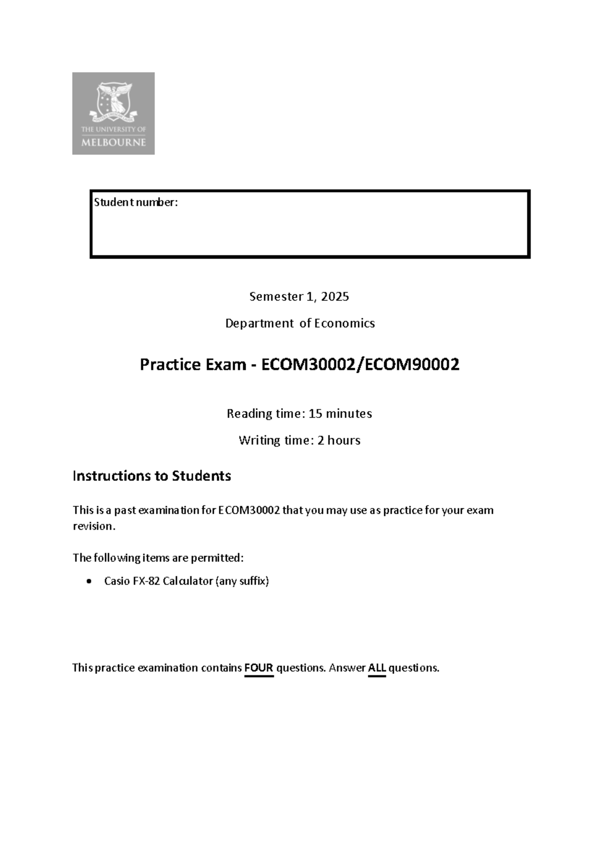 E2 Economics Practice Exam - Semester 1, 2025 - Studocu