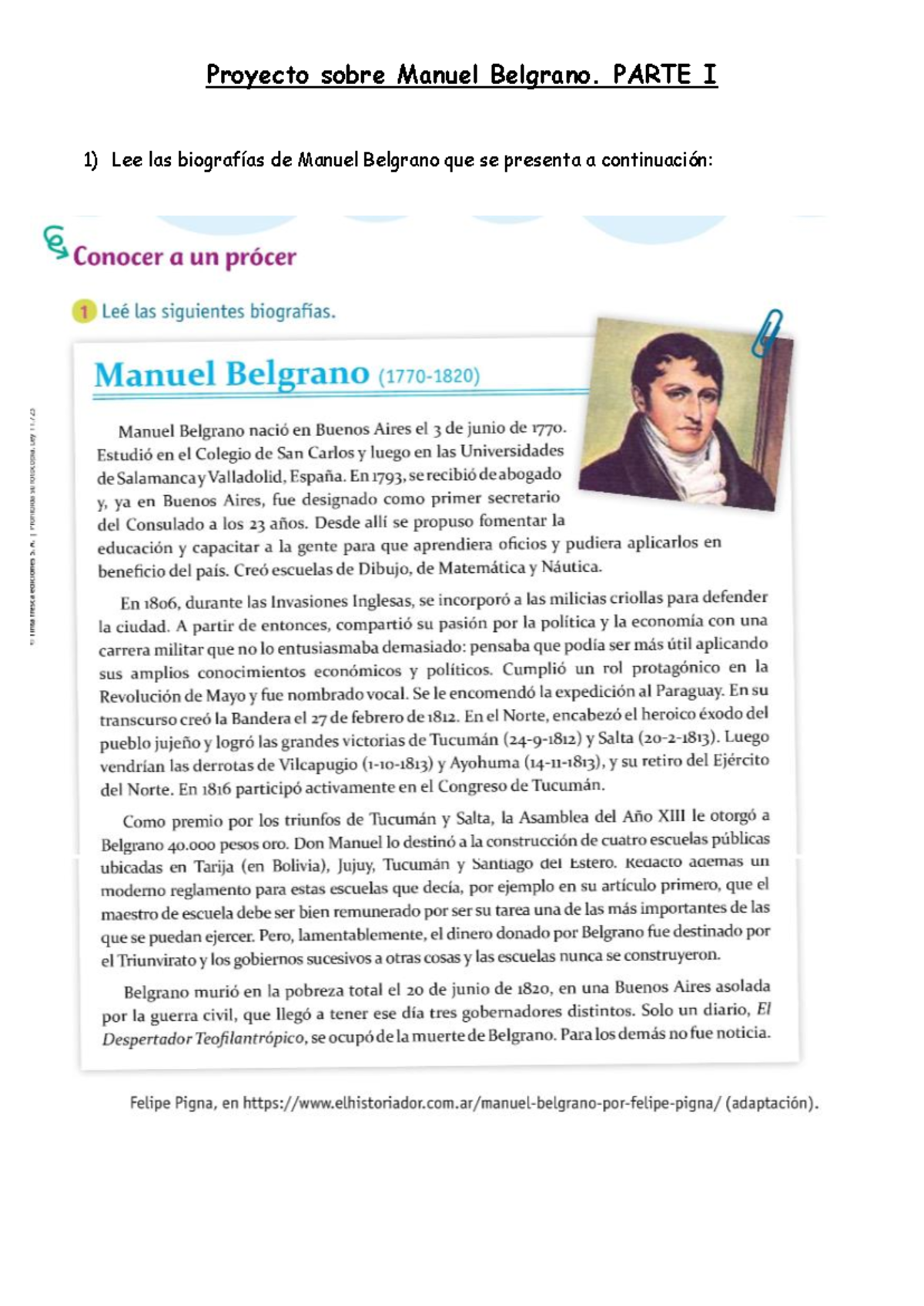 Proyecto sobre Manuel Belgrano: Actividades y Cuadros (Parte I) - Document Preview