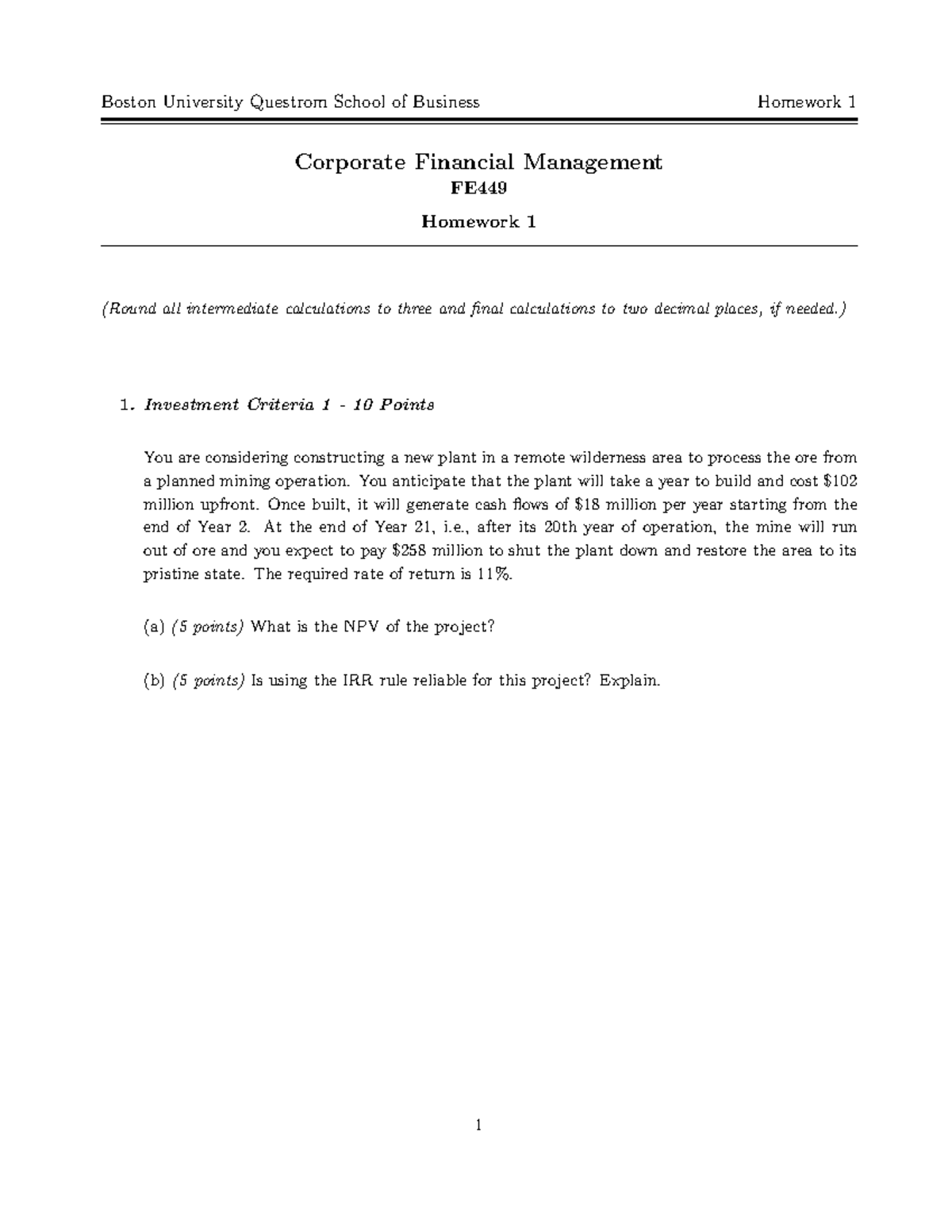 FE449 Corporate Financial Management Homework 1 Analysis - Studocu