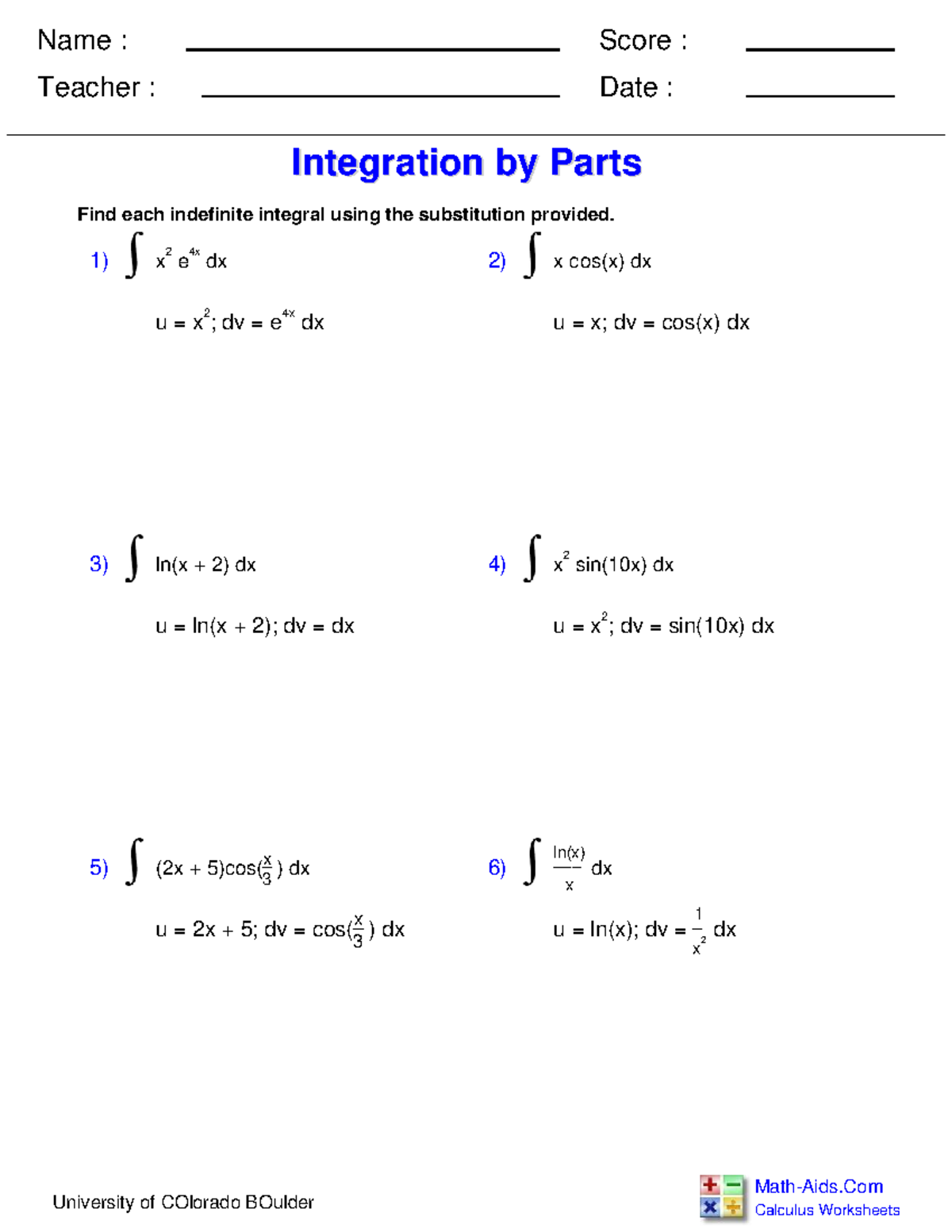 Calculus (MATH 101): Integration by Parts Practice Problems - Studocu