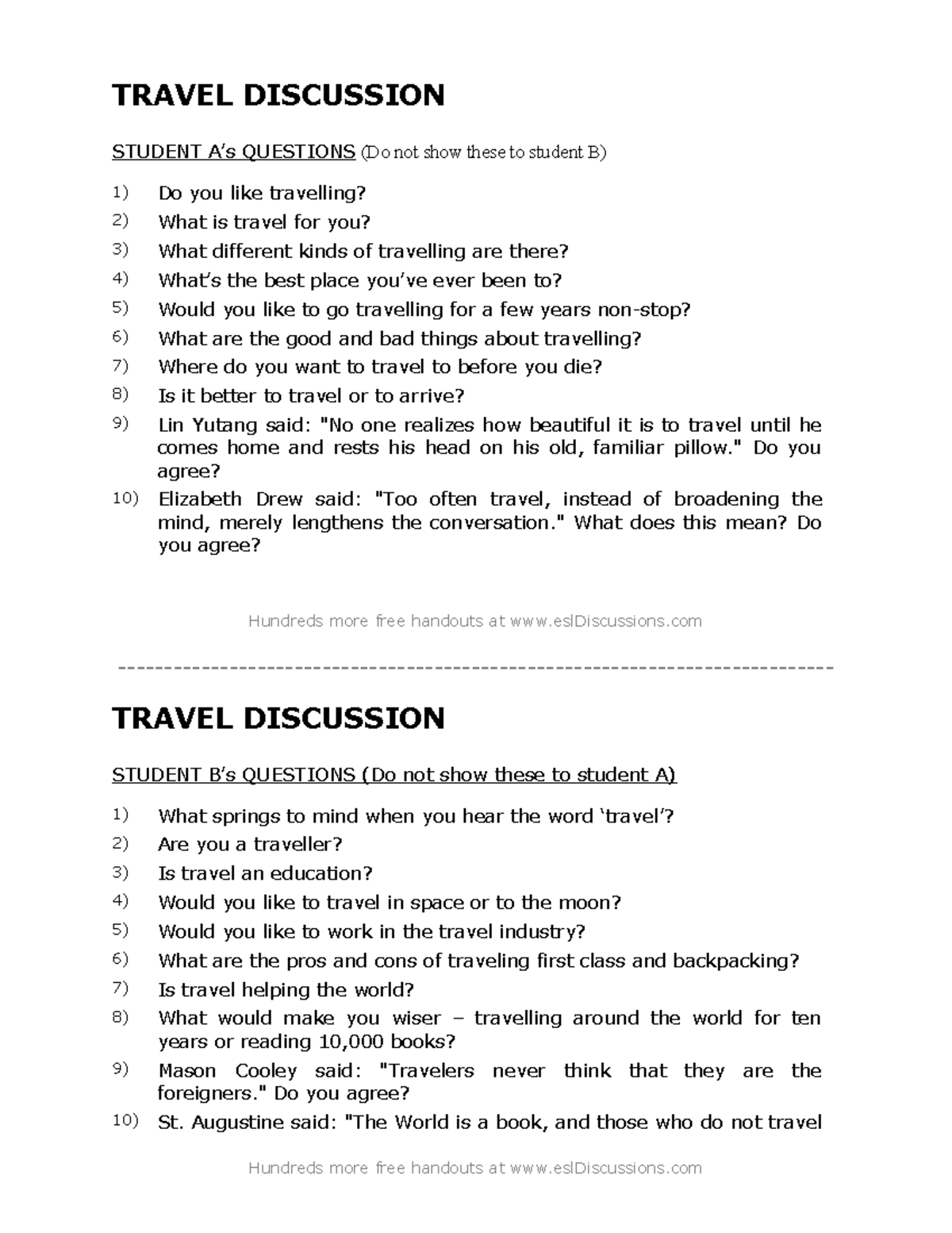 TRAVEL DISCUSSION QUESTIONS FOR STUDENTS - THEME: TRAVELING - Studocu