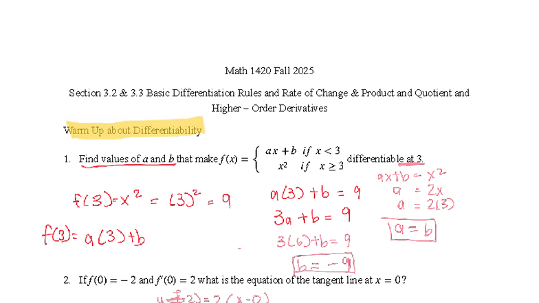 Math 1420 Fall 2025: Basic Differentiation & Rate of Change Rules - Studocu