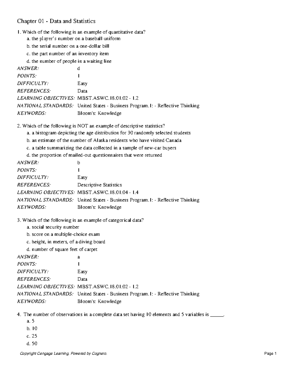 Test Bank for Chapter 1 - MBST.ASWC.18.01 - Easy Questions - Studocu