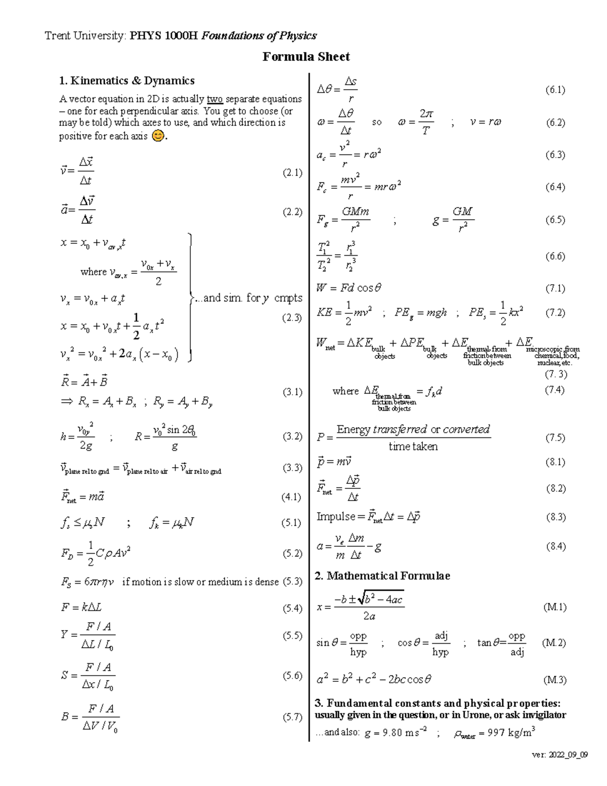 PHYS 1000H Final Exam Formula Sheet - Kinematics & Dynamics - Studocu