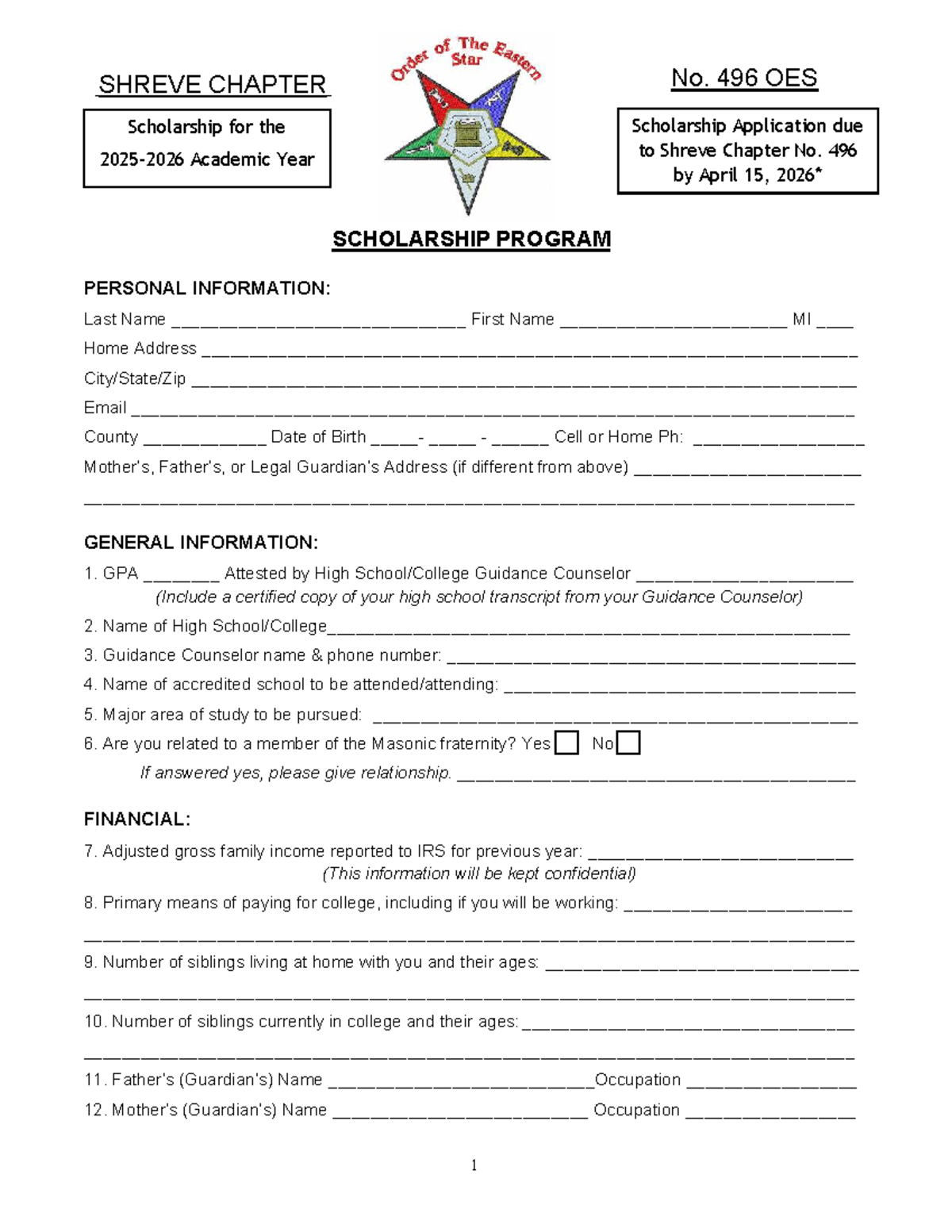 SHREVE CHAPTER No. 496 2026 Scholarship Application Form - Studocu
