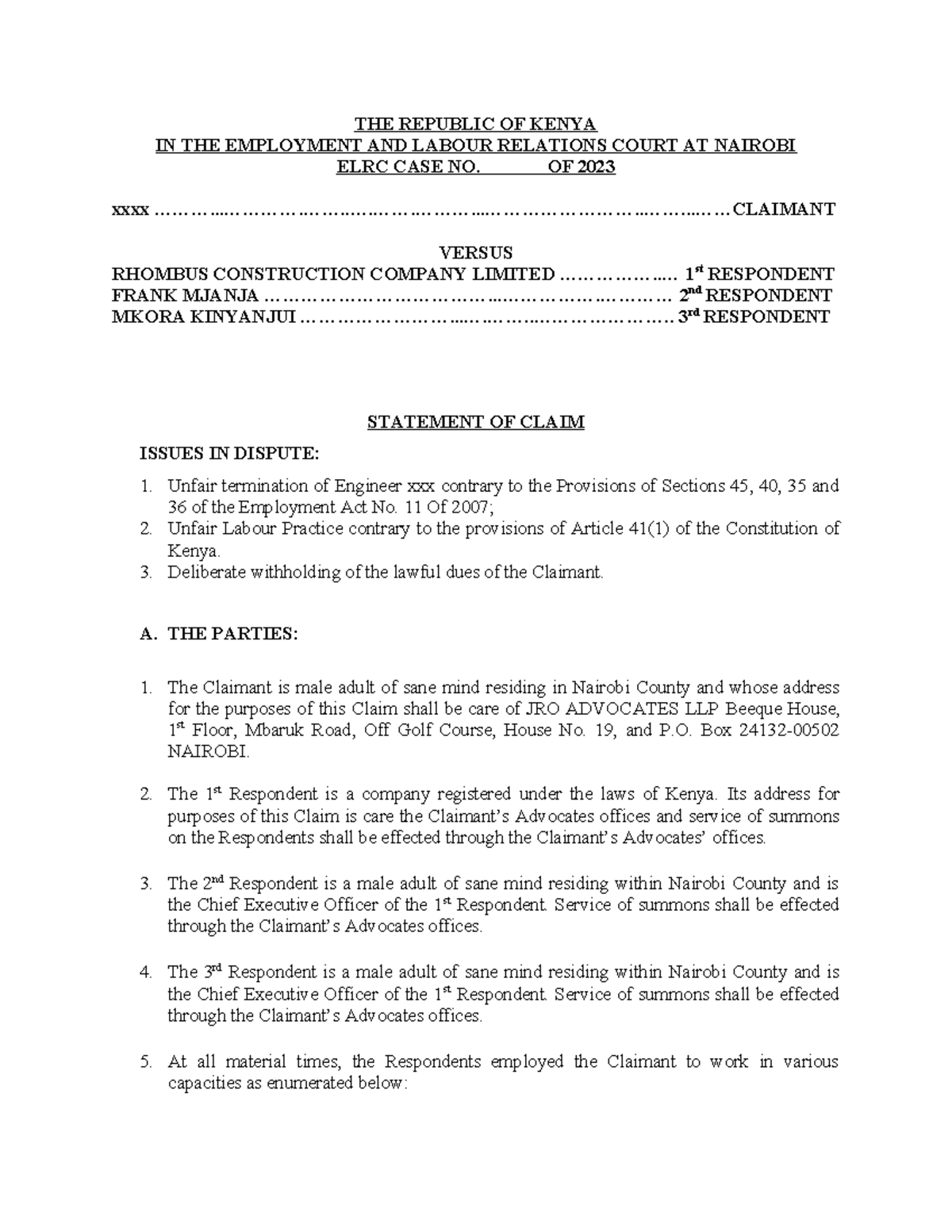 Statement of Claim: ELRC Case No. 2023 vs. Rhombus Construction Co ...