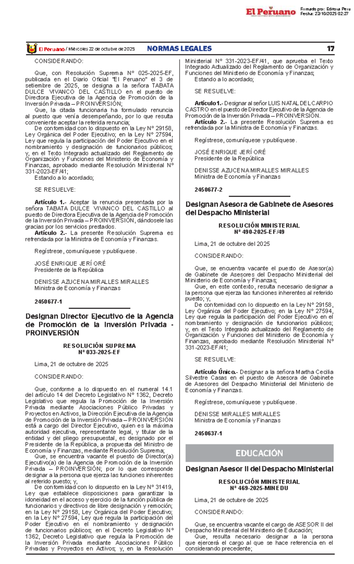 Resolución Suprema y Ministerial sobre Designaciones en PROINVERSIÓN ...