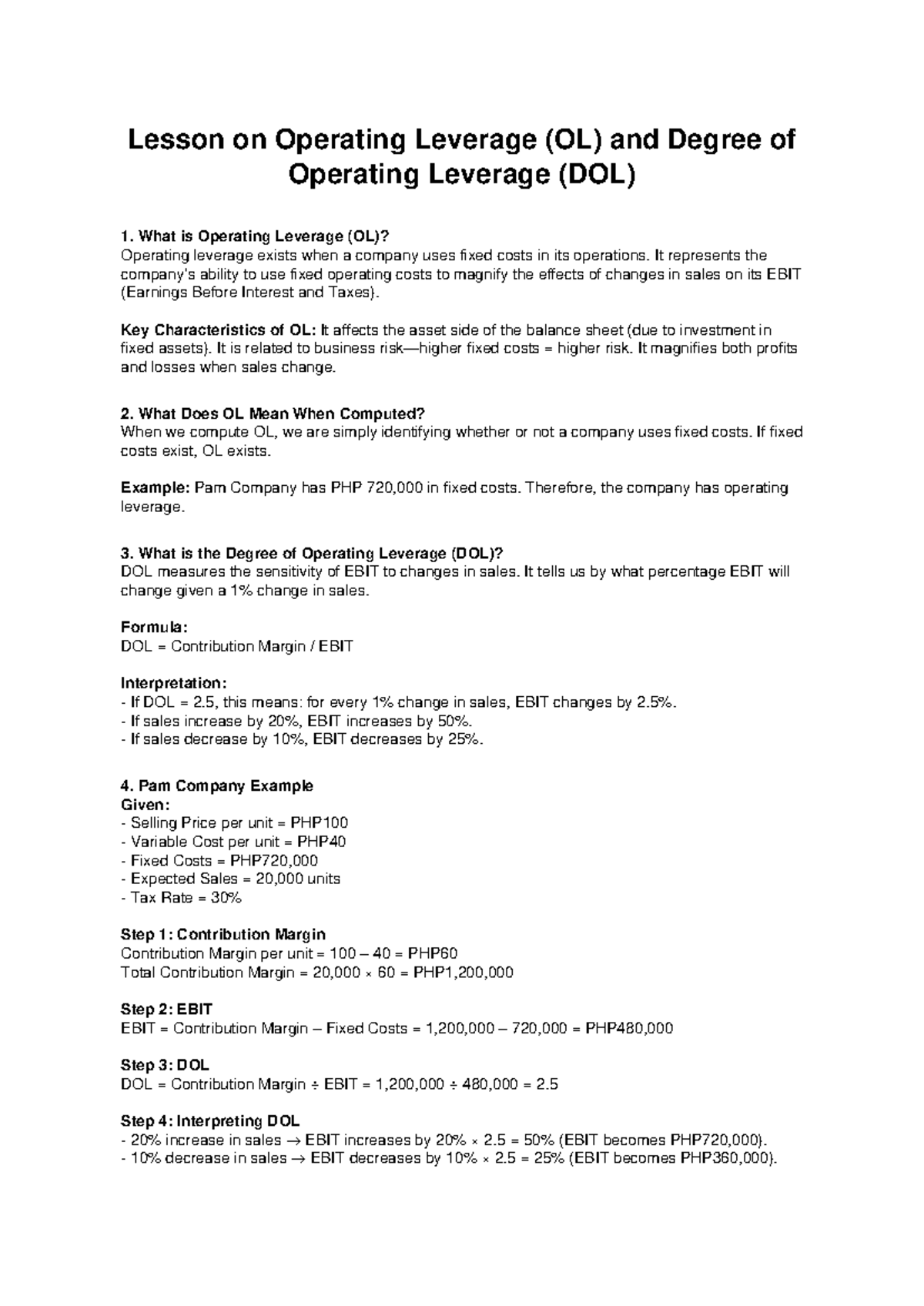Lesson on Operating Leverage (OL) & Degree of Operating Leverage (DOL ...