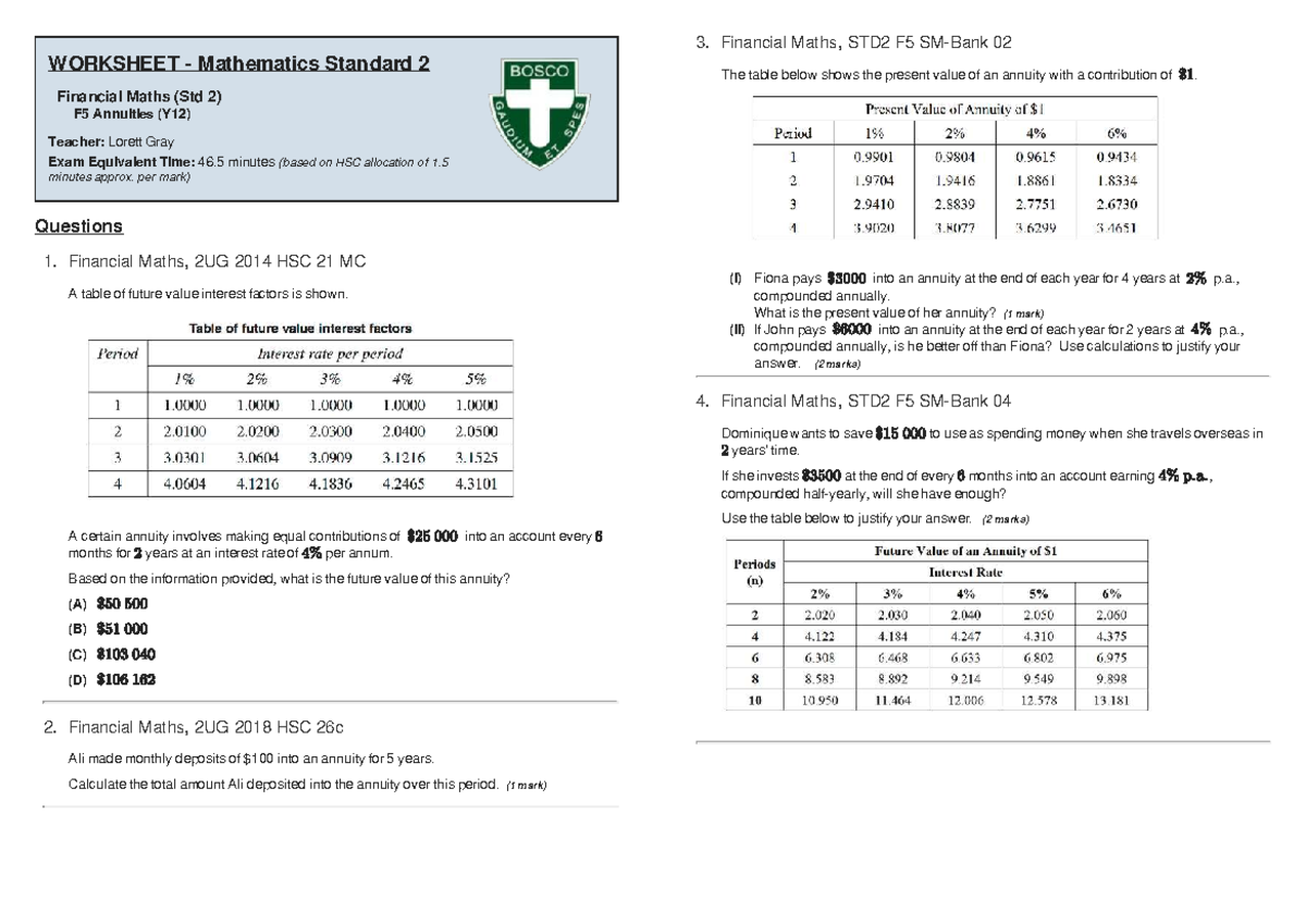 Annuities Past HSC Questions - Financial Maths STD2 F5 - Studocu