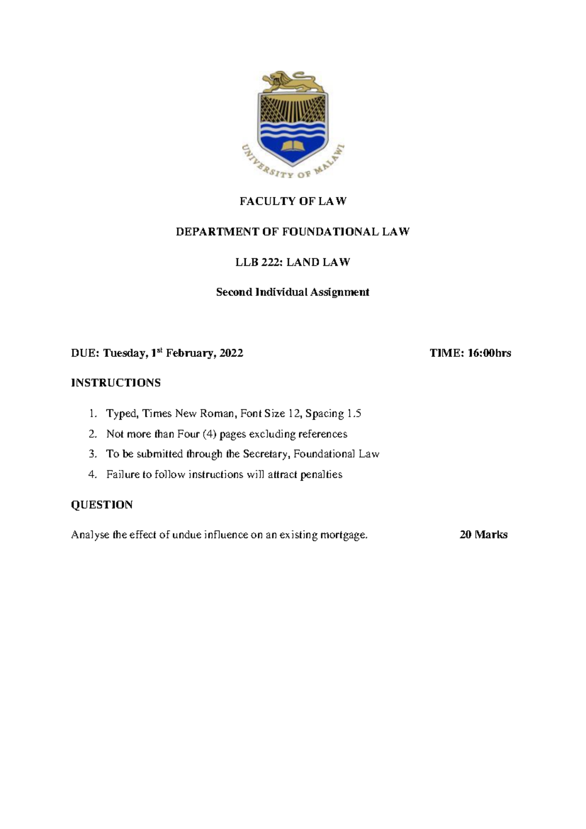 2022 LLB 222 2nd individual assignment - Land Law 2 - FACULTY OF LAW ...