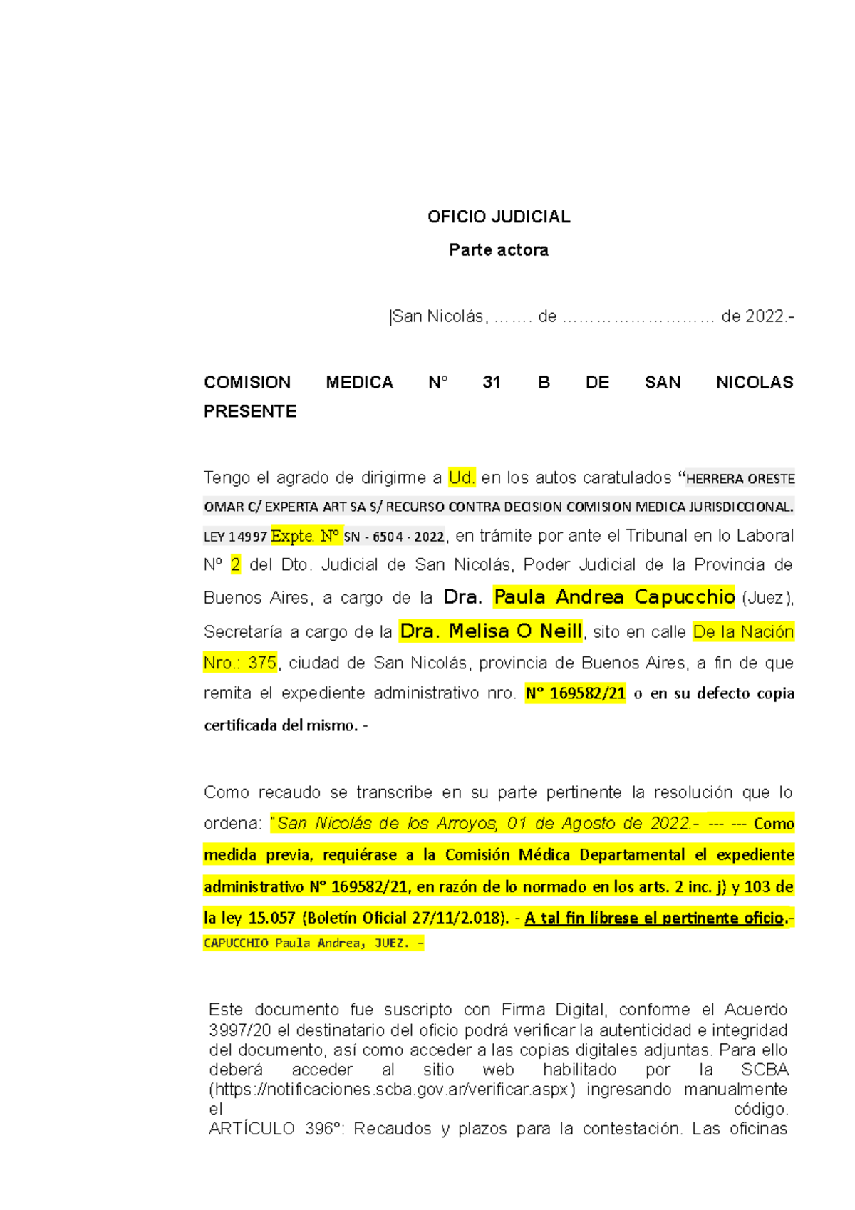 Oficio Judicial Comision Medica N° 31 B - San Nicolás 2022 - Studocu