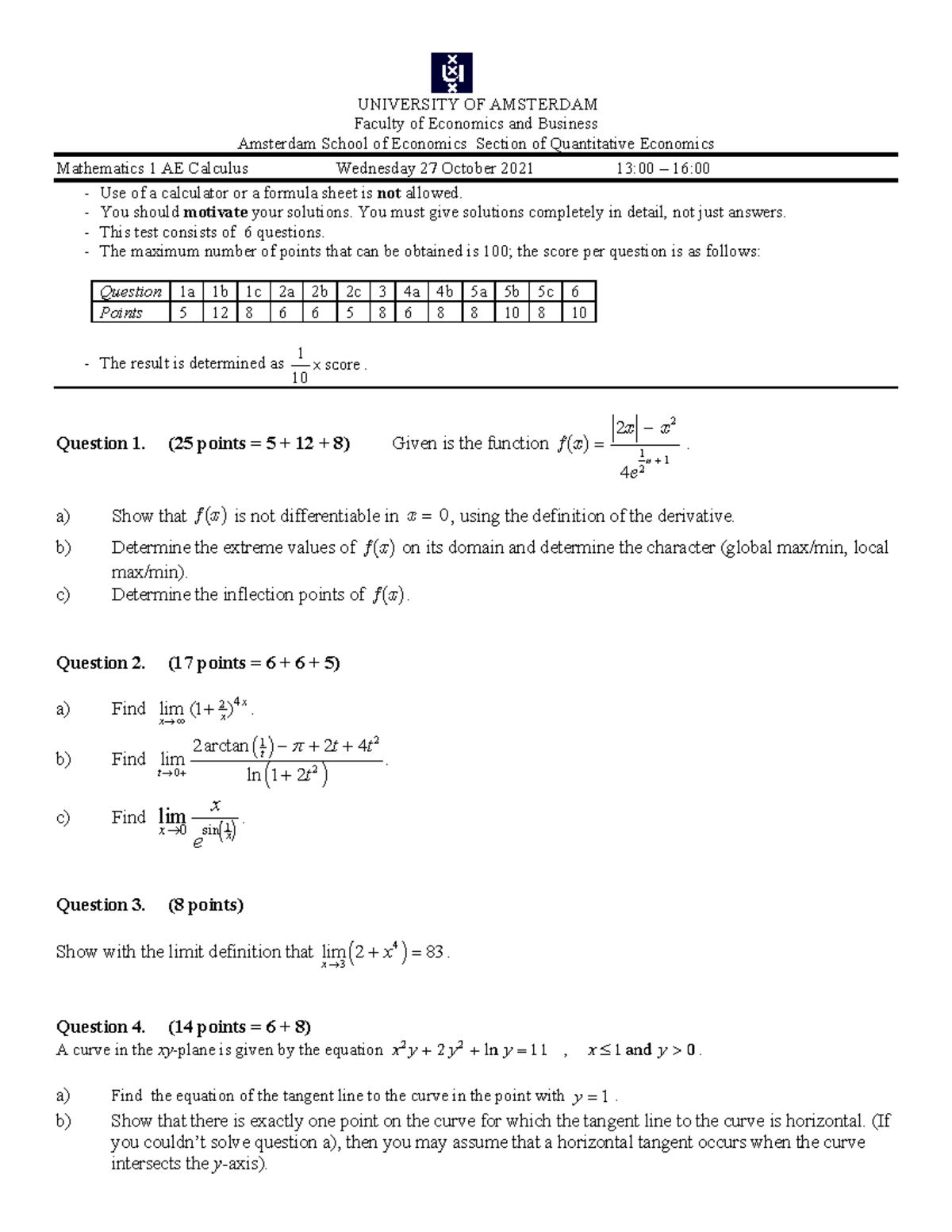 Mathematics 1 AE Calculus Final Exam - 27 Oct 2021 - Studeersnel
