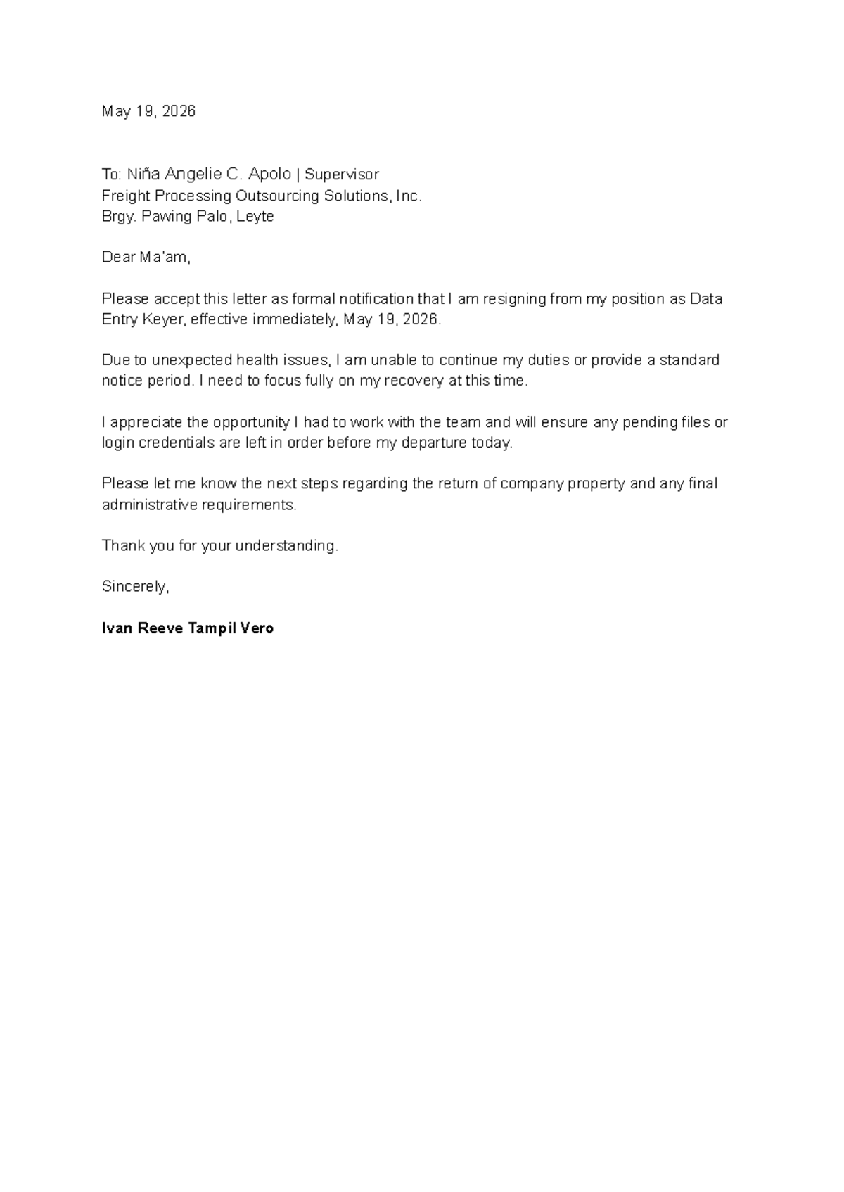 Resignation Letter - Immediate Notice from Data Entry Keyer - Studocu