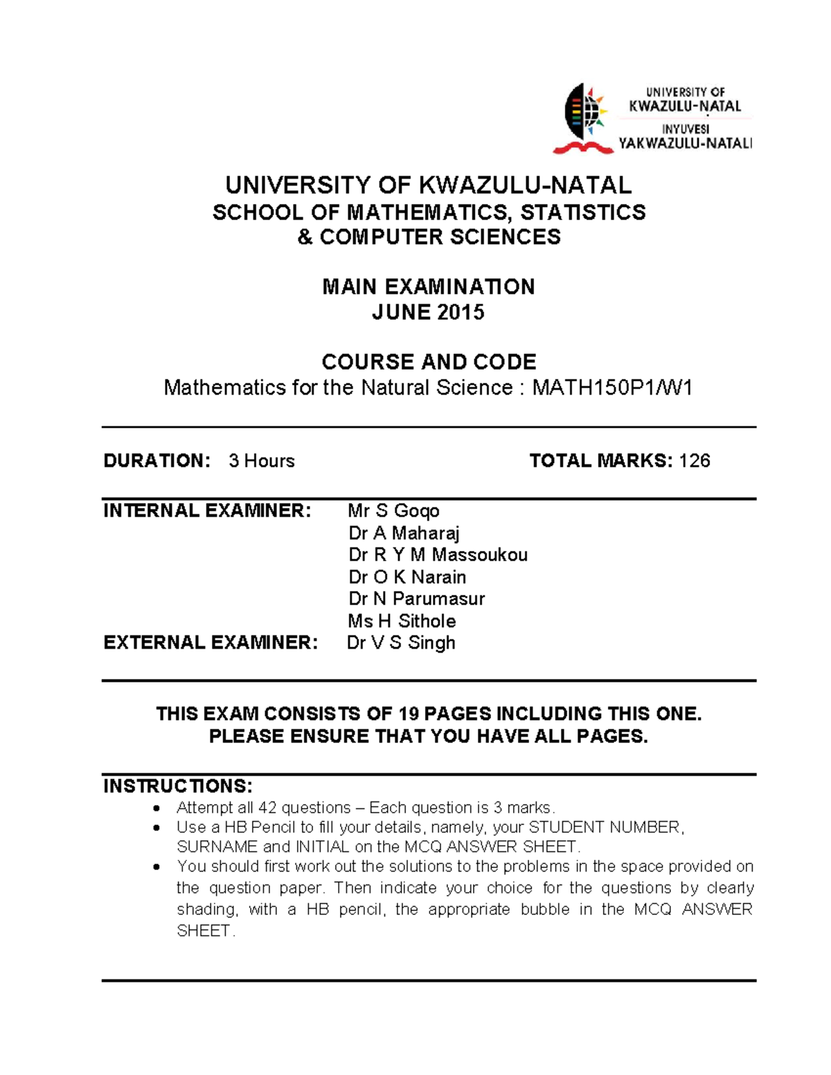 Mathematics for Natural Science: June 2015 Main Exam (MATH101) - Studocu
