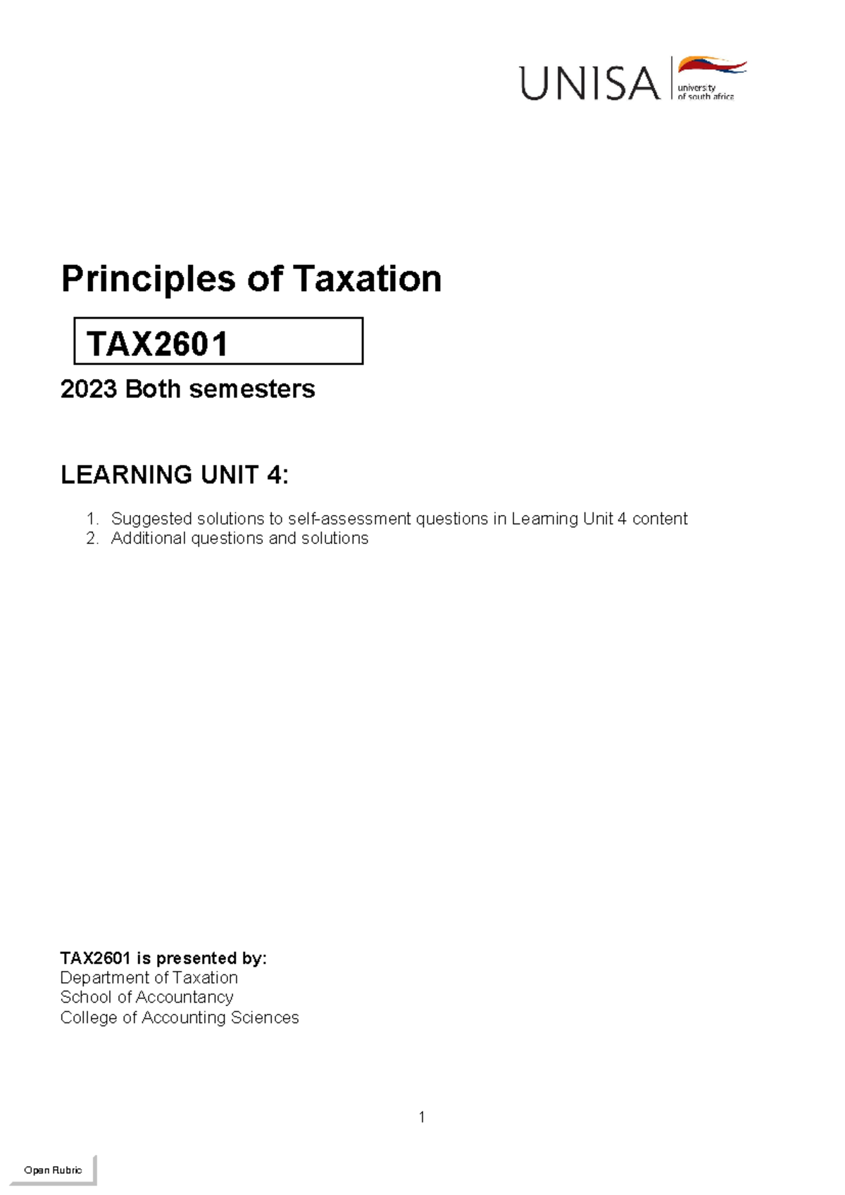 TAX2601 2023 LU 4 Solutions & Additional Self-Assessment Questions ...