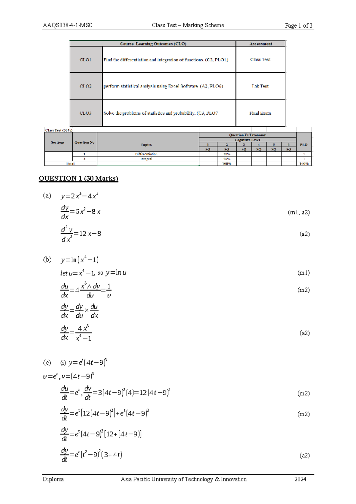 Sample Class Test Set 2 (MS) - Calculus Questions and Solutions - Studocu