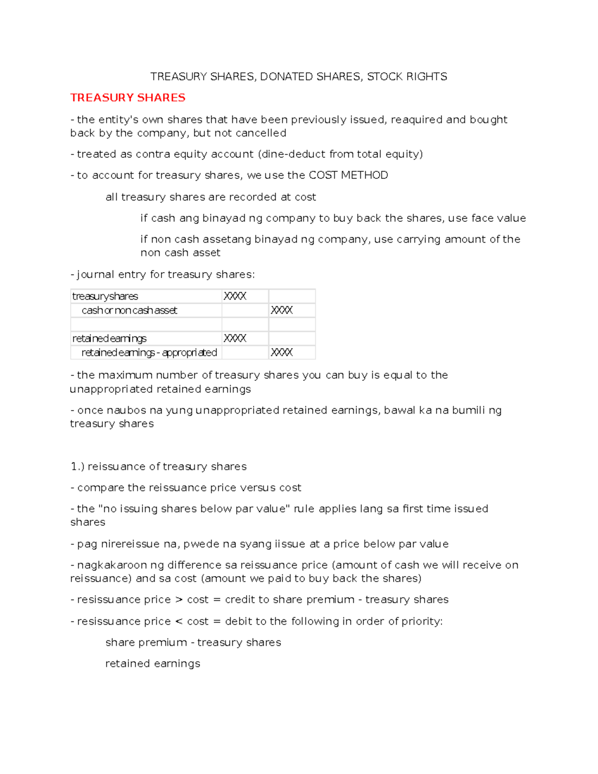 Shareholder's Equity: Treasury Shares, Donated Shares & Stock Rights ...