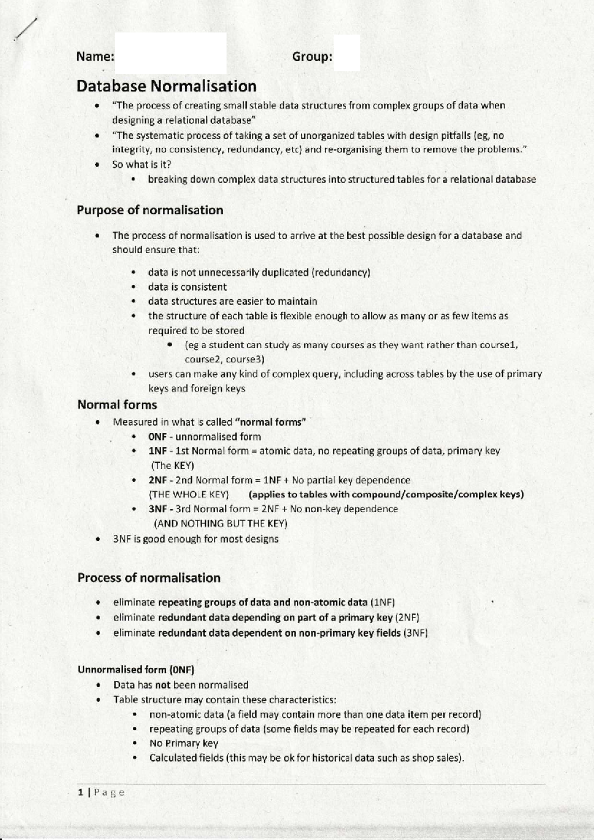 Unit 4 Open Book Test - OCR A Level Databases: Normalisation Process ...
