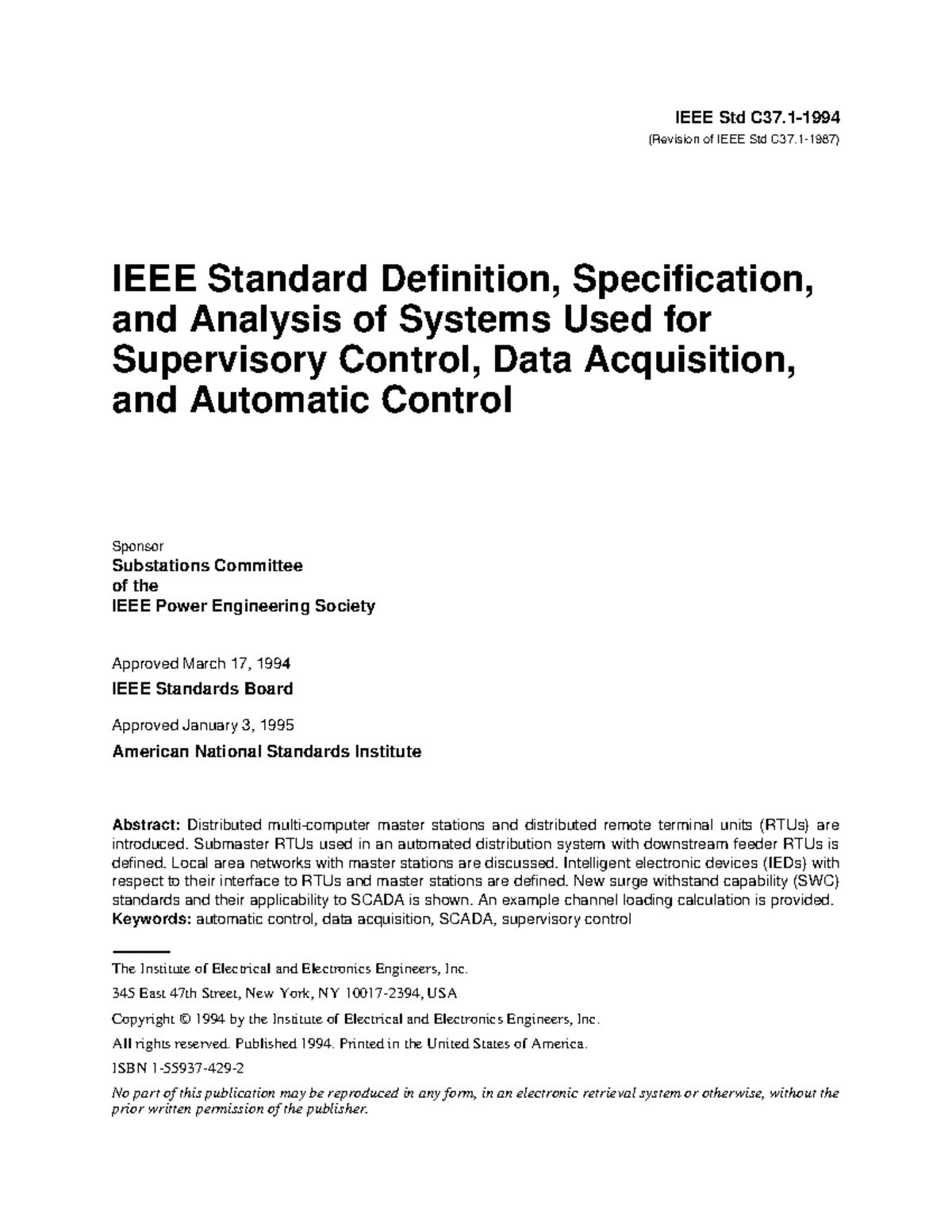 IEEE Std C37.1-1994: Definition & Analysis of SCADA Systems - Studocu
