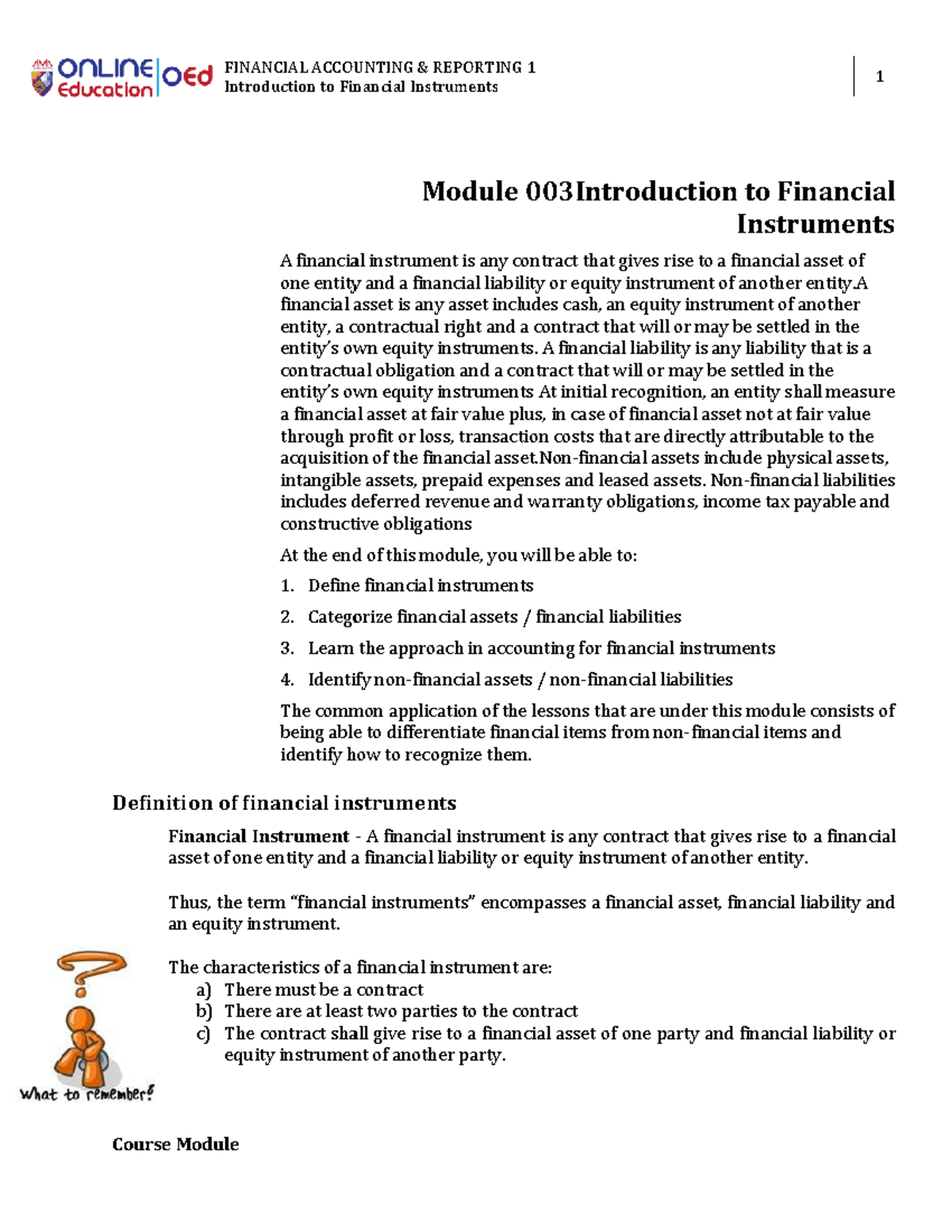 FINANCIAL ACCOUNTING REPORTING 1: Intro to Financial Instruments Module ...