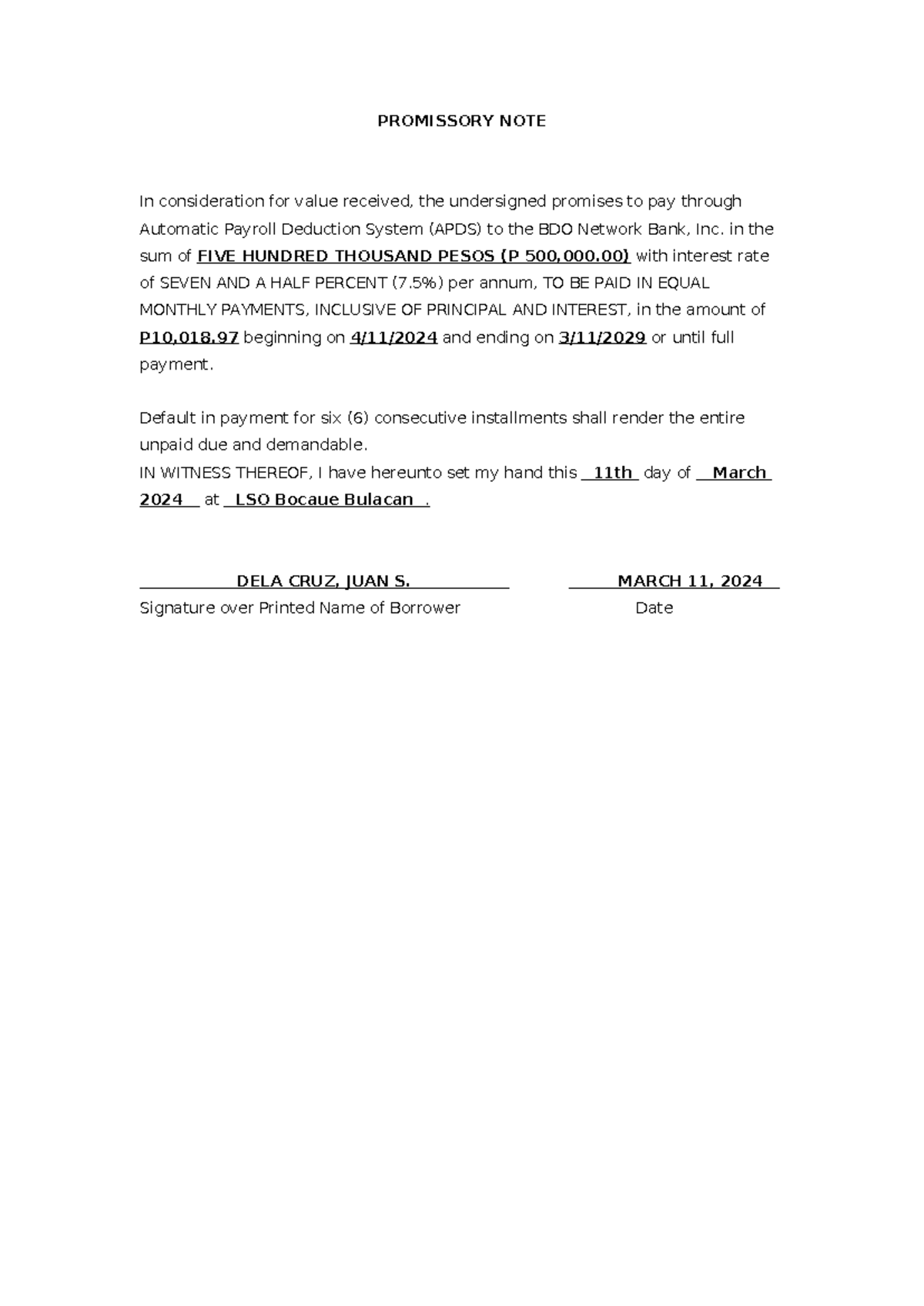 06 Promissory Note: Loan Agreement with BDO Bank - Studocu