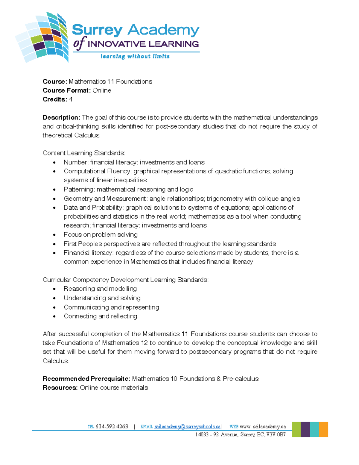 Math 11 Foundations Course Description: Skills & Standards Overview ...