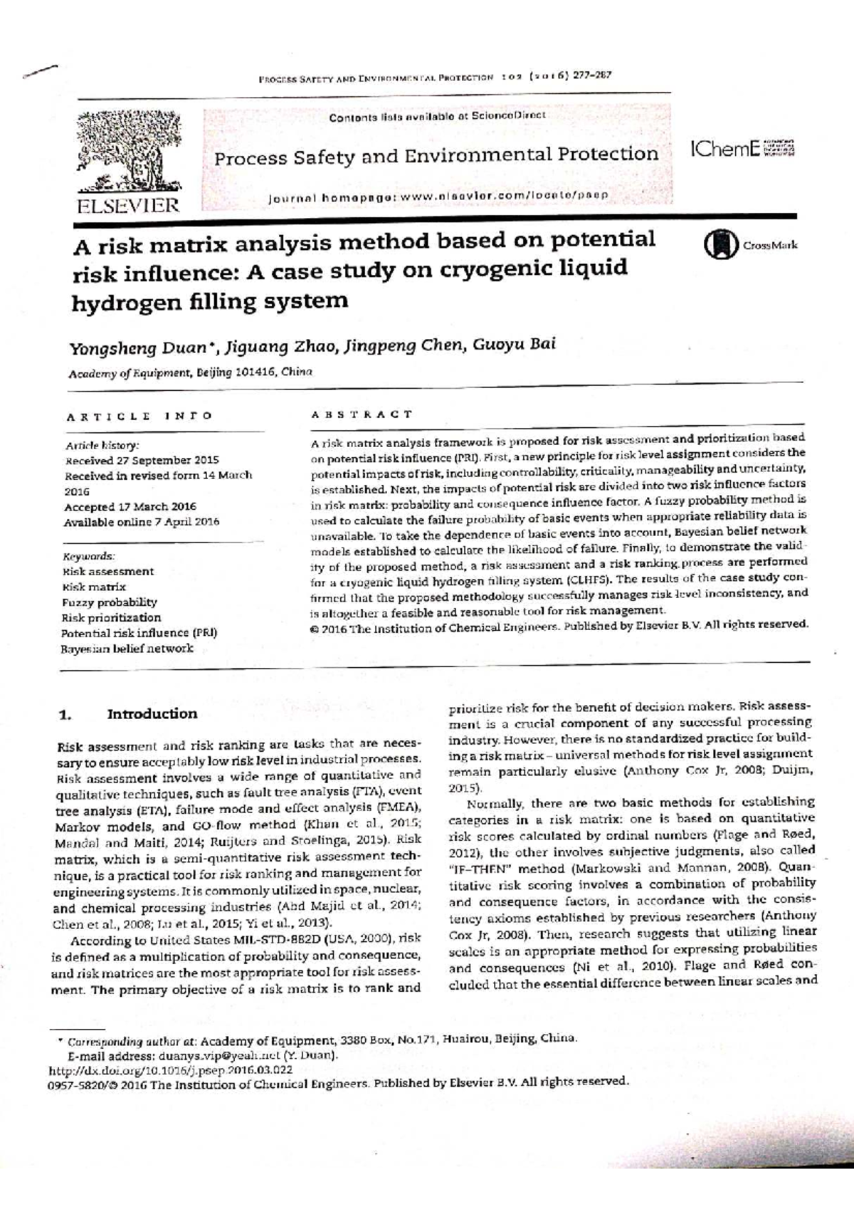 Risk Matrix Analysis for Cryogenic Liquid Hydrogen Filling System (PSEP ...