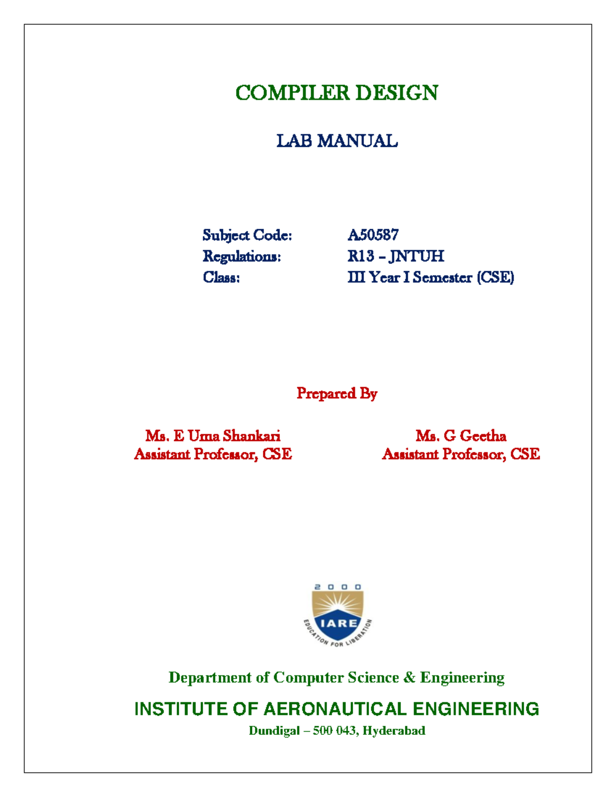 CD Lab Manual - Compiler Design (A50587 R13 JNTUH) - Studocu