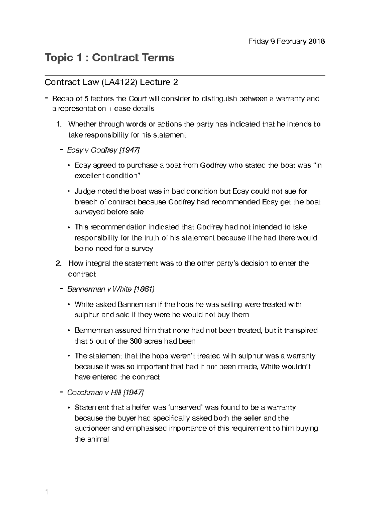 Contract Law 2 (LA4122) - Lecture 2 Week 3 - Topic 1 : Contract Terms ...