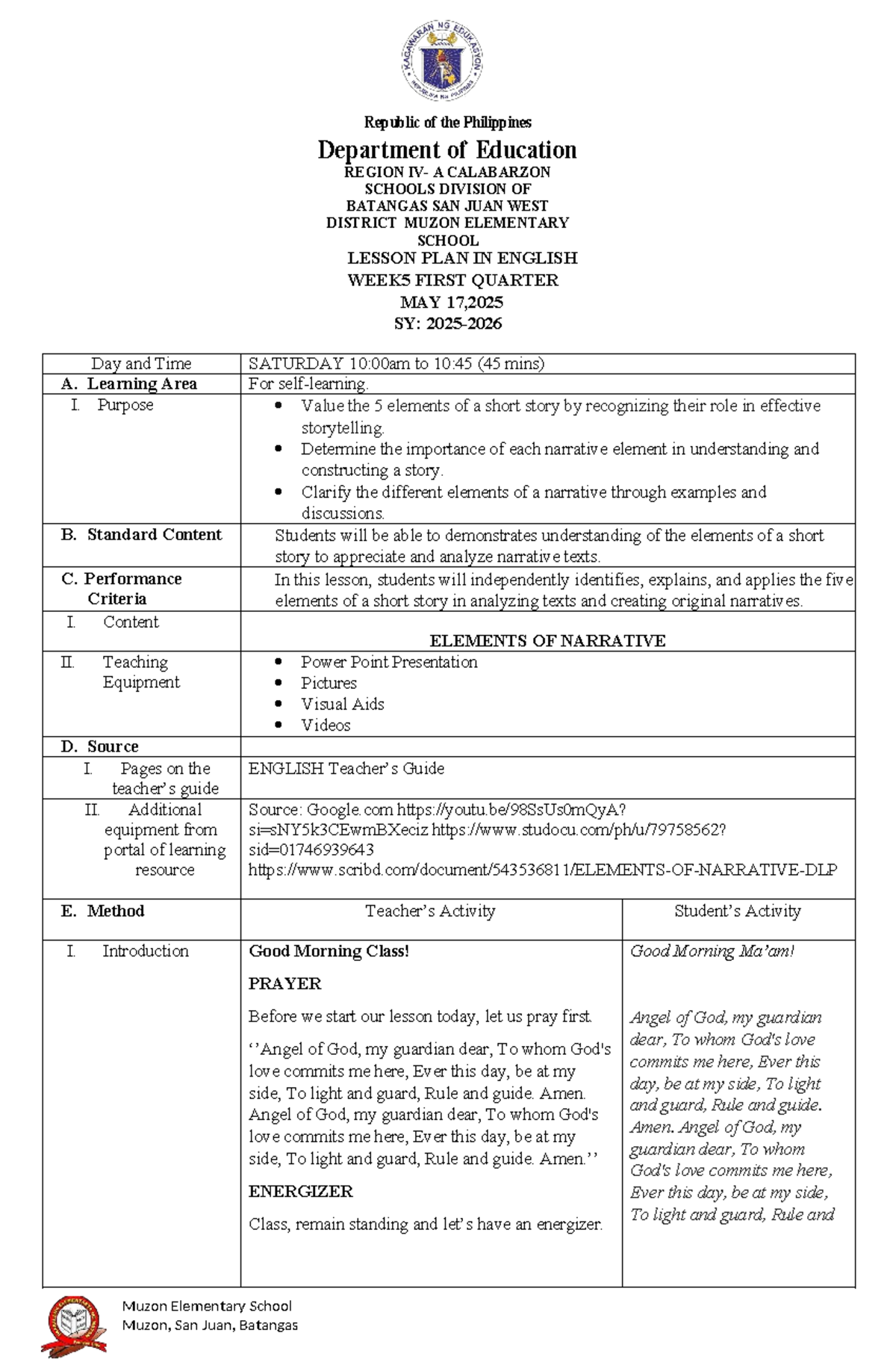 ENGLISH 1 Lesson Plan: Elements of a Short Story (Week 5) - Studocu